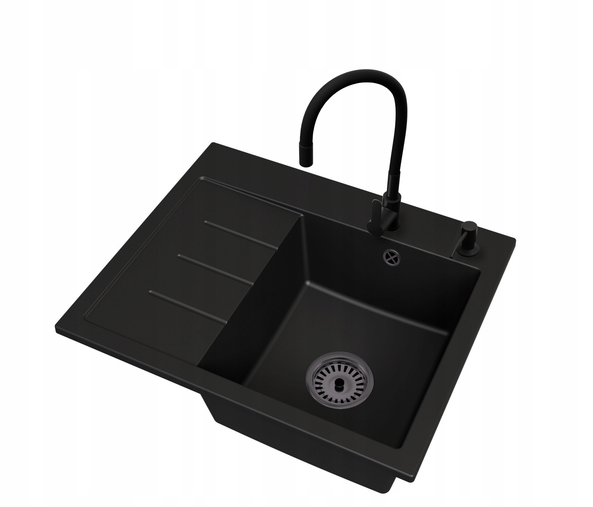 Kuchyňský dřez Velký Exclusive 60 Levý sifon Černý Baterie Dávkovač