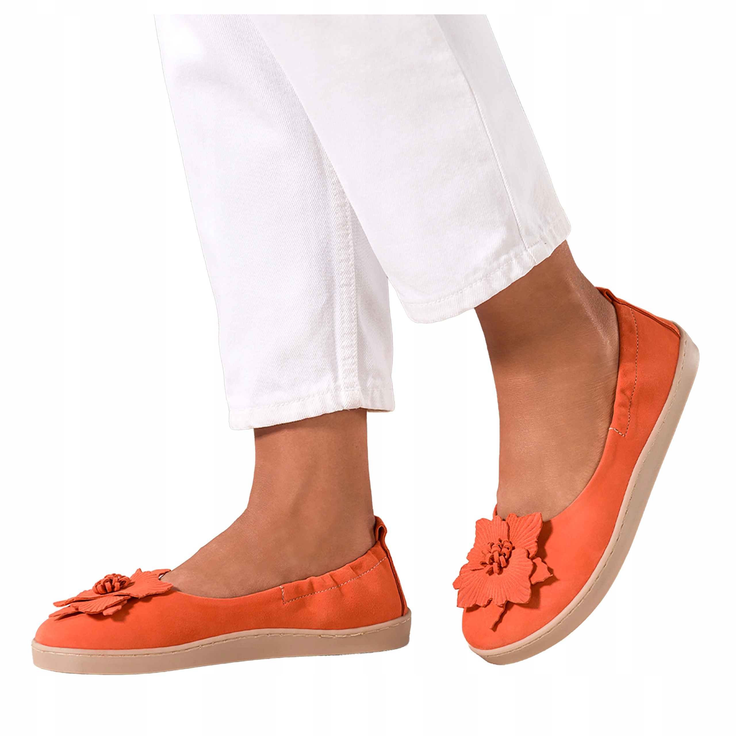 Baleríny Oranžové Dámské Barefoot Kožené S Květem Elastické r 36