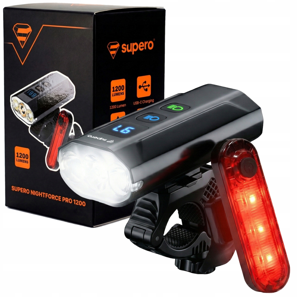 Zestaw lampek rowerowych światło Led obrotowa głowica 360° LCD 1200lm Usb-c