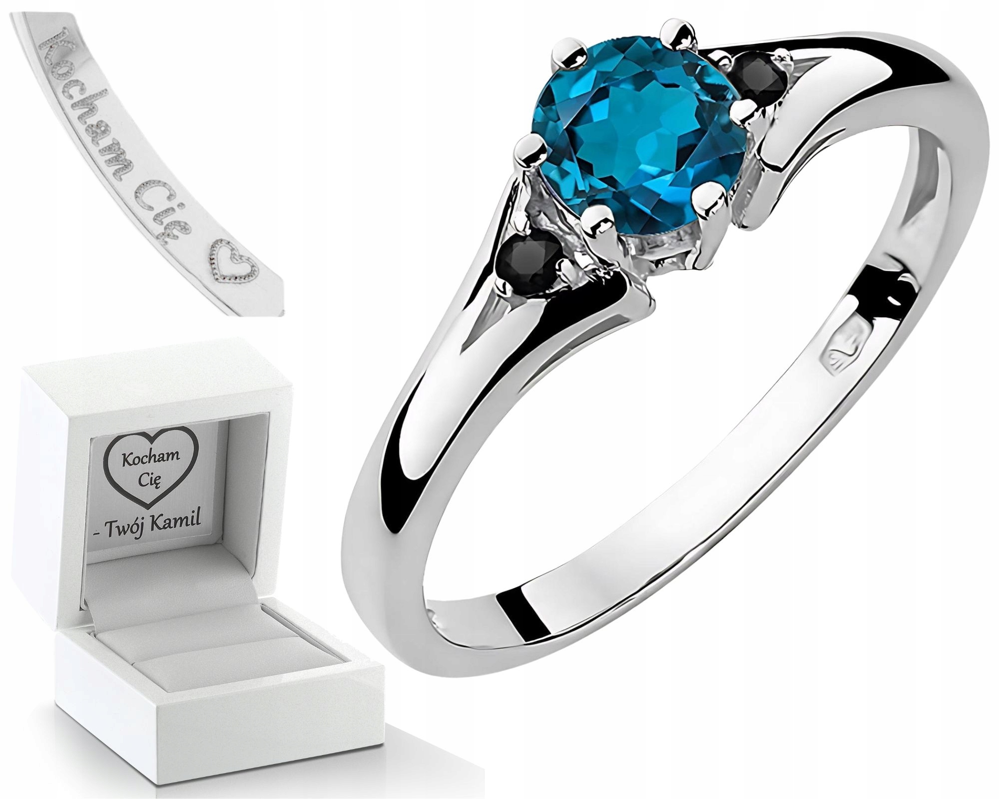 Bílé Zlato Prstýnek Topaz London Blue Černé Diamanty Moderní 585