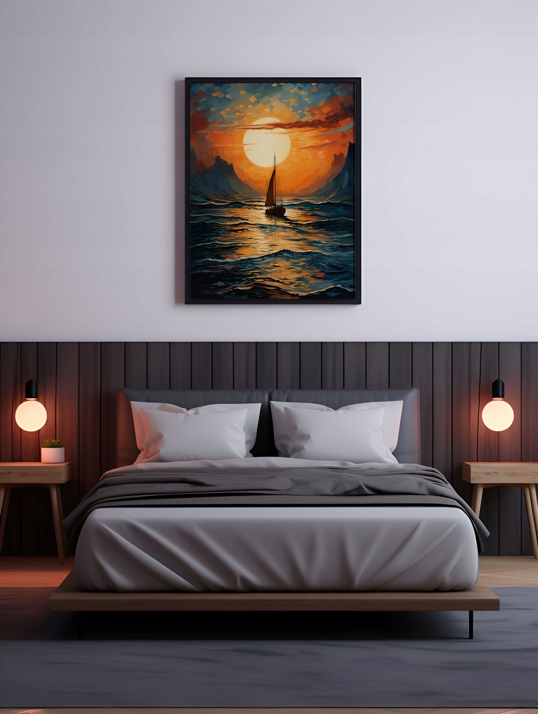 Plakat na Ścianę Obraz Zachód Słońca Morze Łódka 30x40 cm Premium ElliveX Marka inna