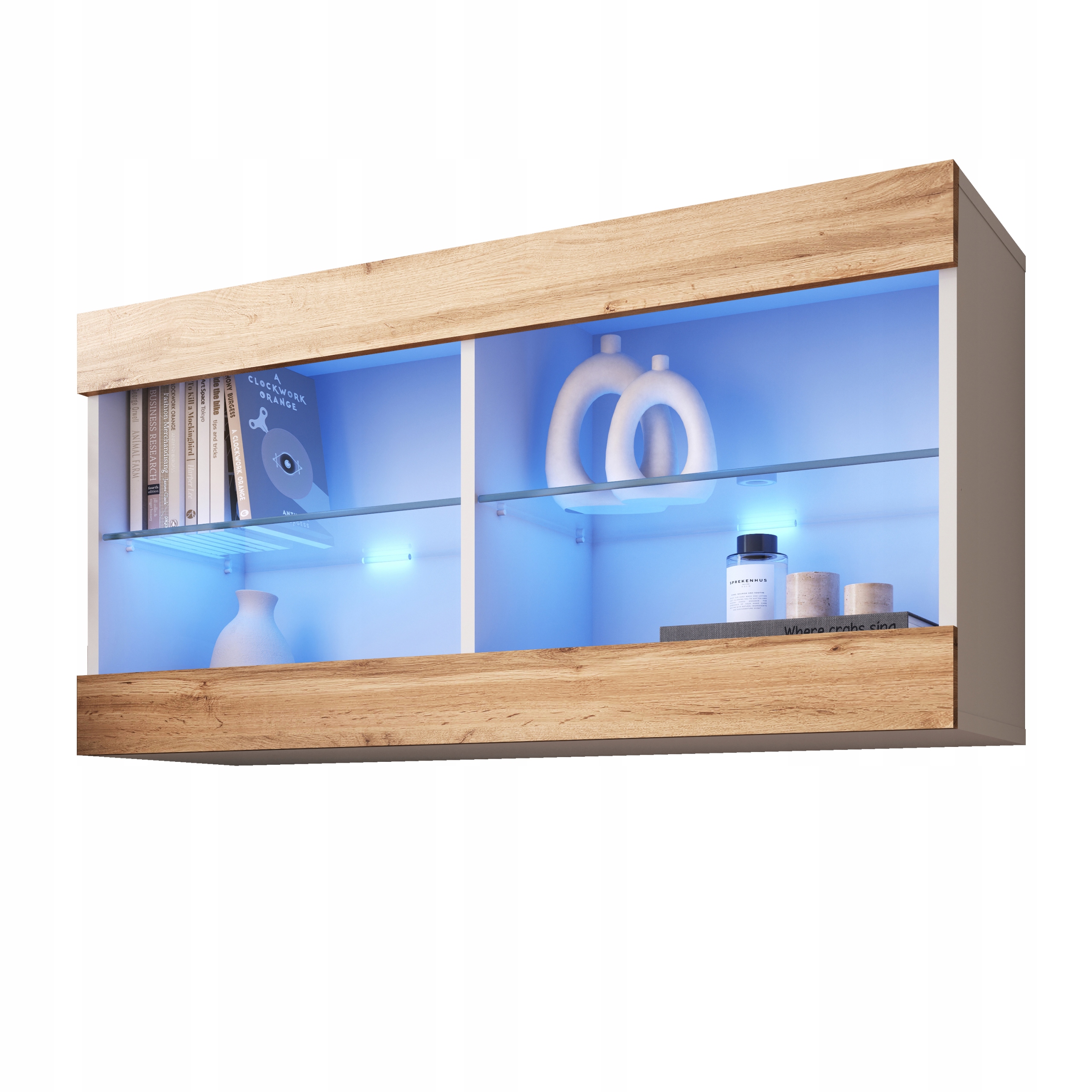 komodee Tivoli Závěsná vitrína Horizontal Bílá-Dub Wotan Modrá Led