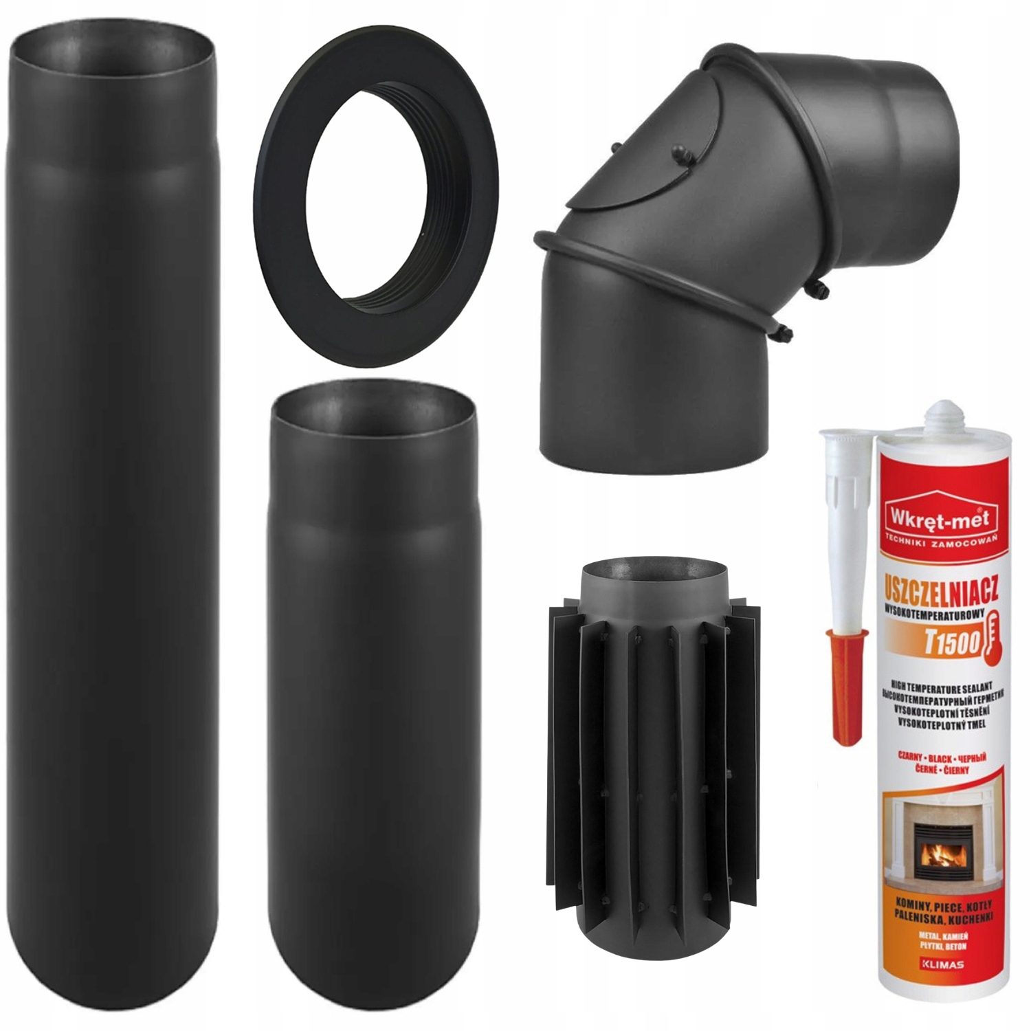 Připojovací sada pro krbová kamna, průměr 150 mm, trubky, koleno, těsnění