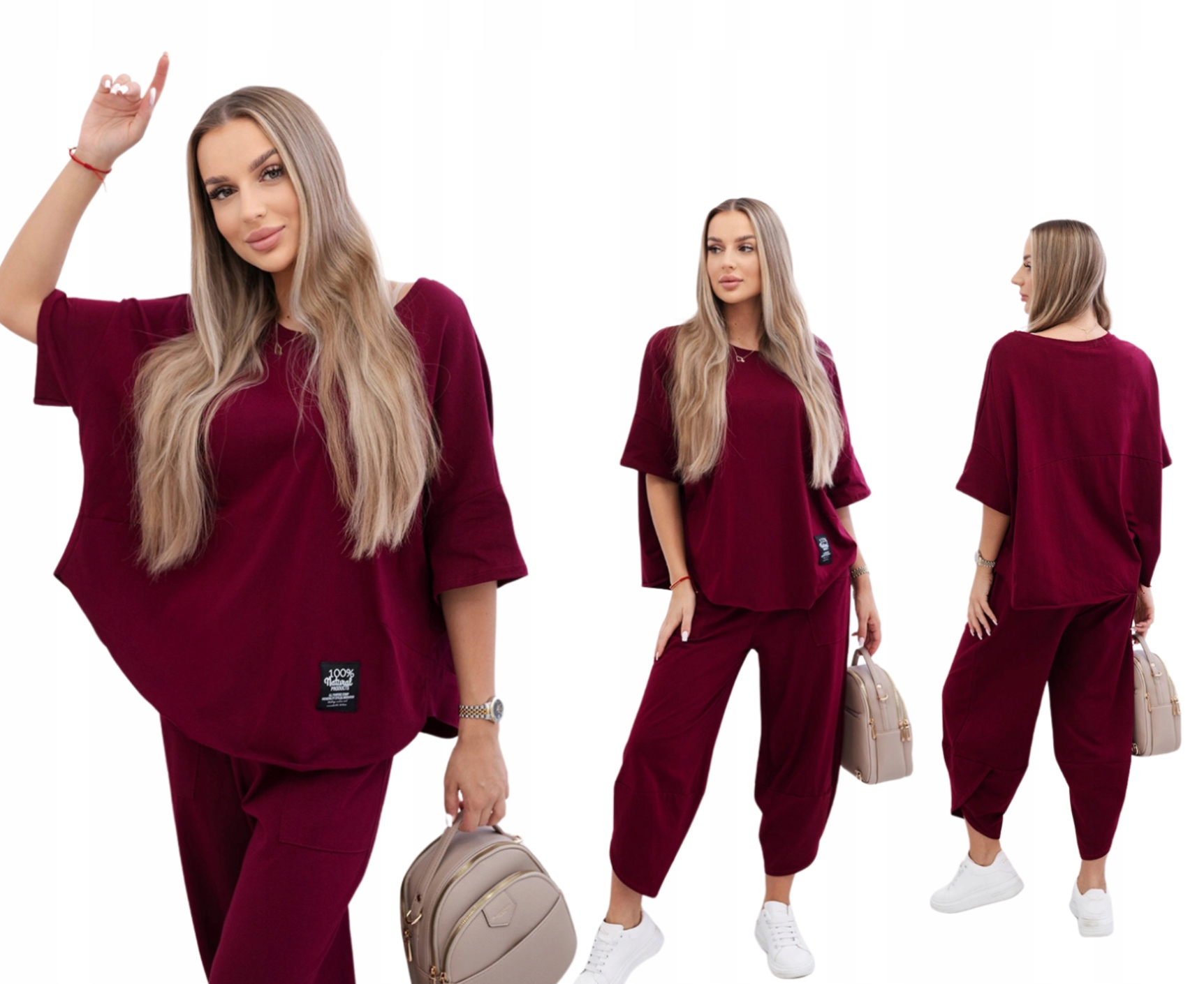 Bordó dámský bavlněný komplet: oversize halenka a kalhoty