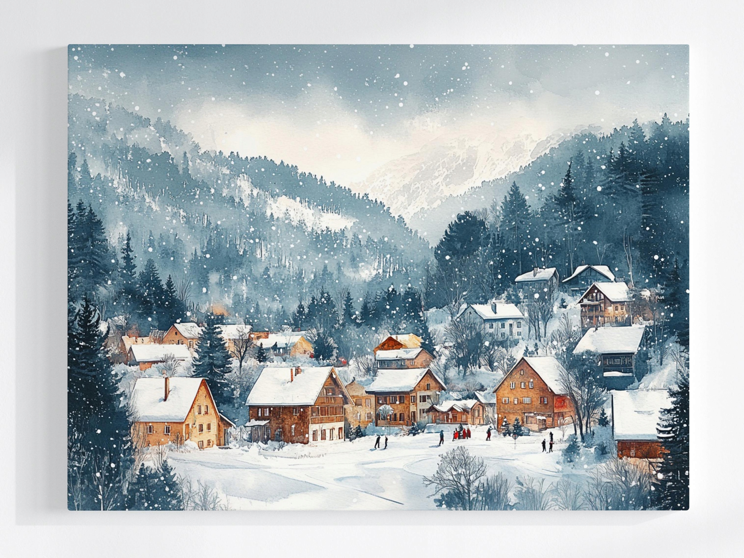 Obraz Na Plátně Canvas Zima Krajina Hory Vesnice Osada Domy Sníh Les 80x60