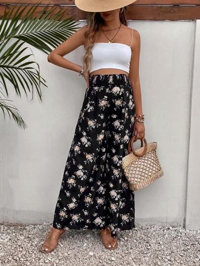 SHEIN CZARNE CIĄŻOWE SPODNIE W KWIATY KIESZENIE L 60269