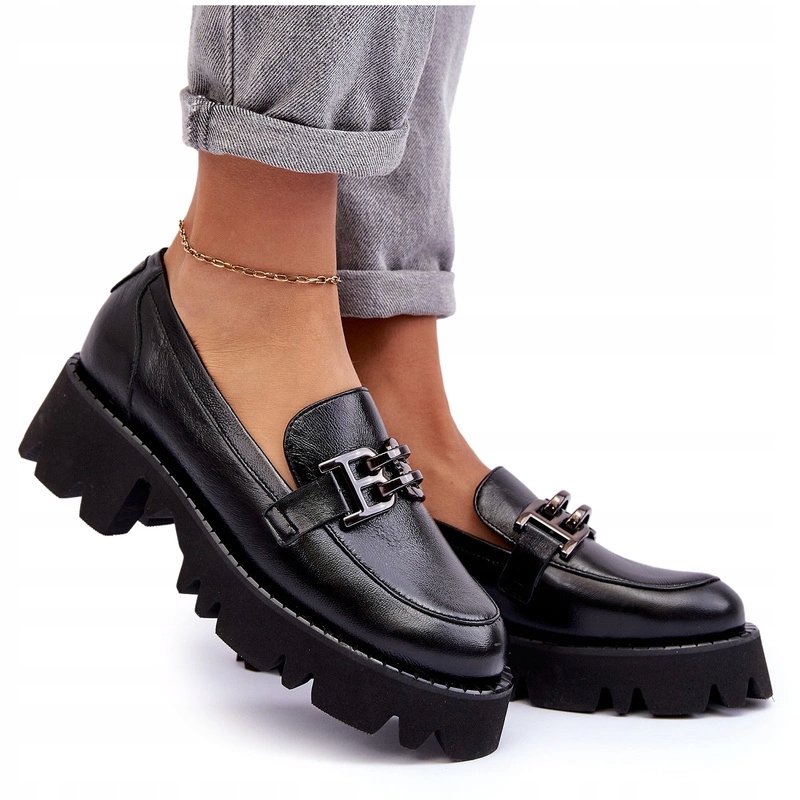 Kožené Polobotky Loafersy S Ozdobou, Černé, Velikost 41