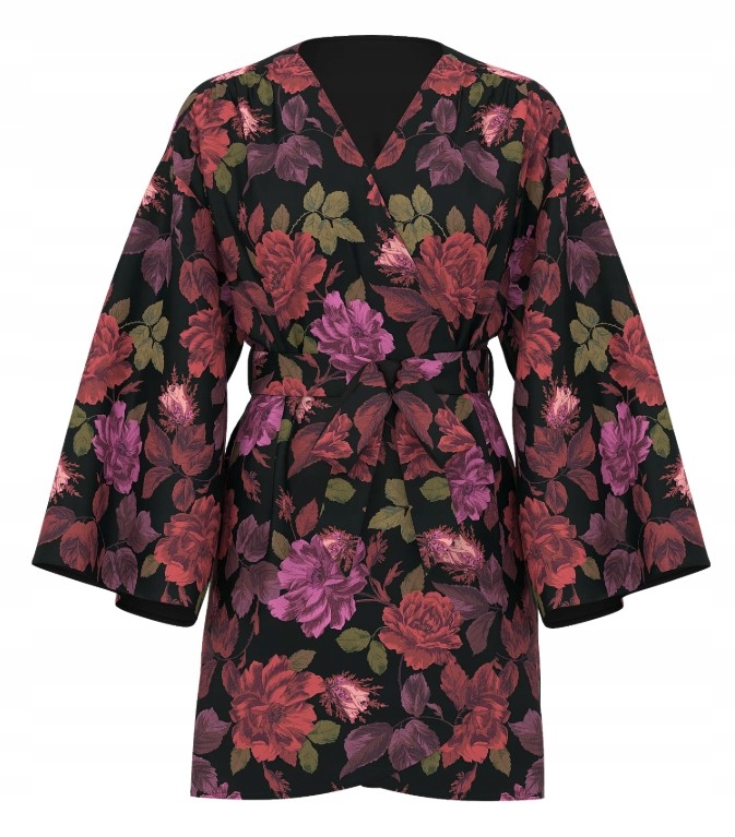 Krátký saténový župan s páskem Victoria’s Secret černý s květinami Xs/s