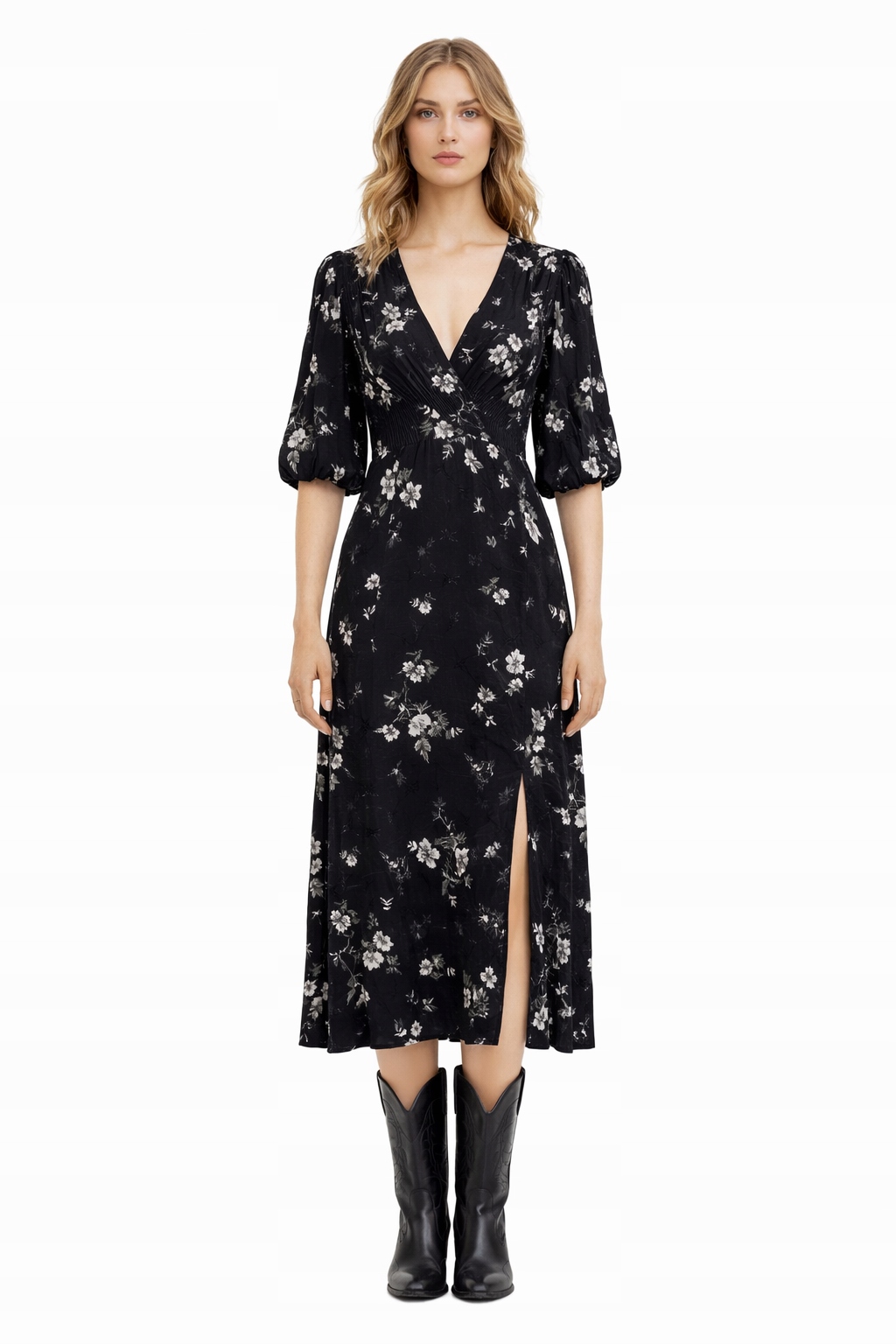 Allsaints Černá Šaty MIDI S Květinami A Rozšířeným Rukávem 34 I3C