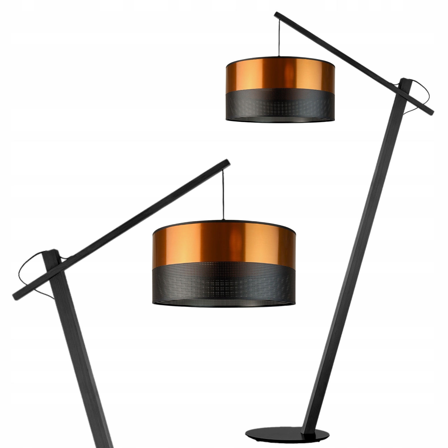 Lampa Stojąca Podłogowa Miedziana Drewniana Abażur Led E27 Nowoczesna Modna