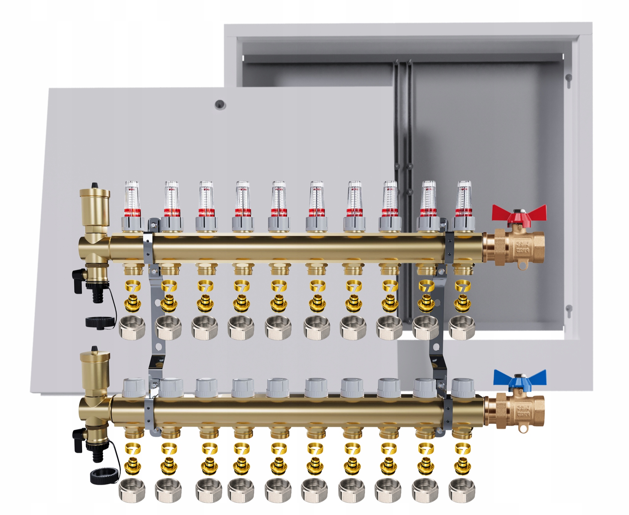 Rozdělovač mosazný podlahový 10 okruhů skříňka jednoduchý ventil Pex