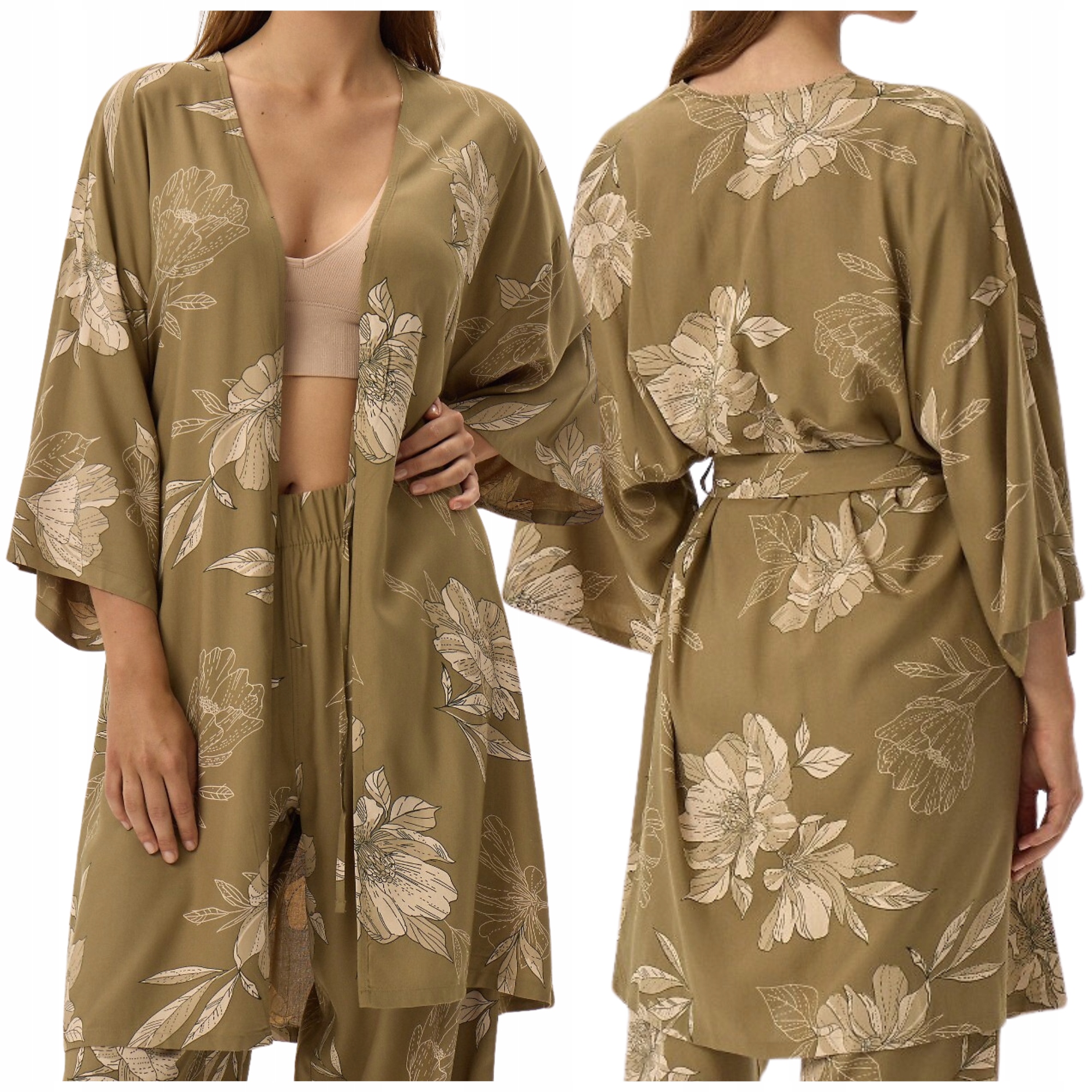 Krátký, volný a prodyšný župan kimono Henderson 41872 Fleur olivový XXL