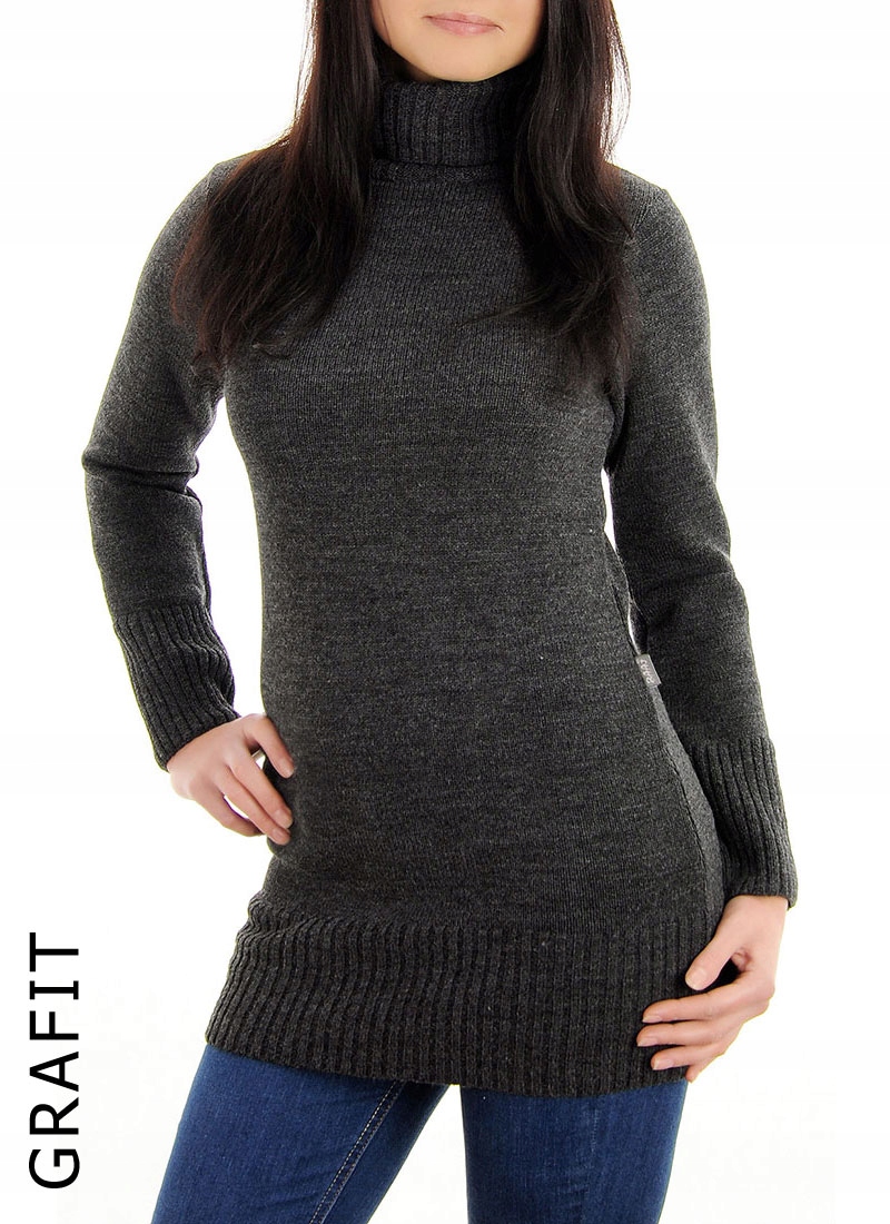 DŁUGI CIEPŁY SWETER GOLF DAMSKI GRAFITOWY L XL Rozmiar L/XL