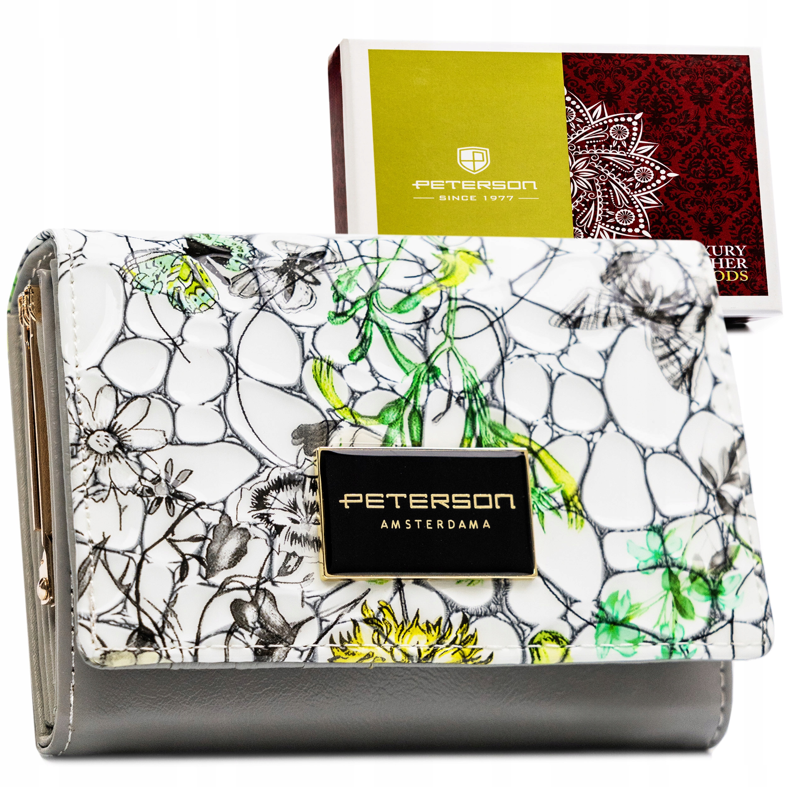 Peterson portfel damski skóra naturalna lakierowany w kwiaty z Rfid Stop