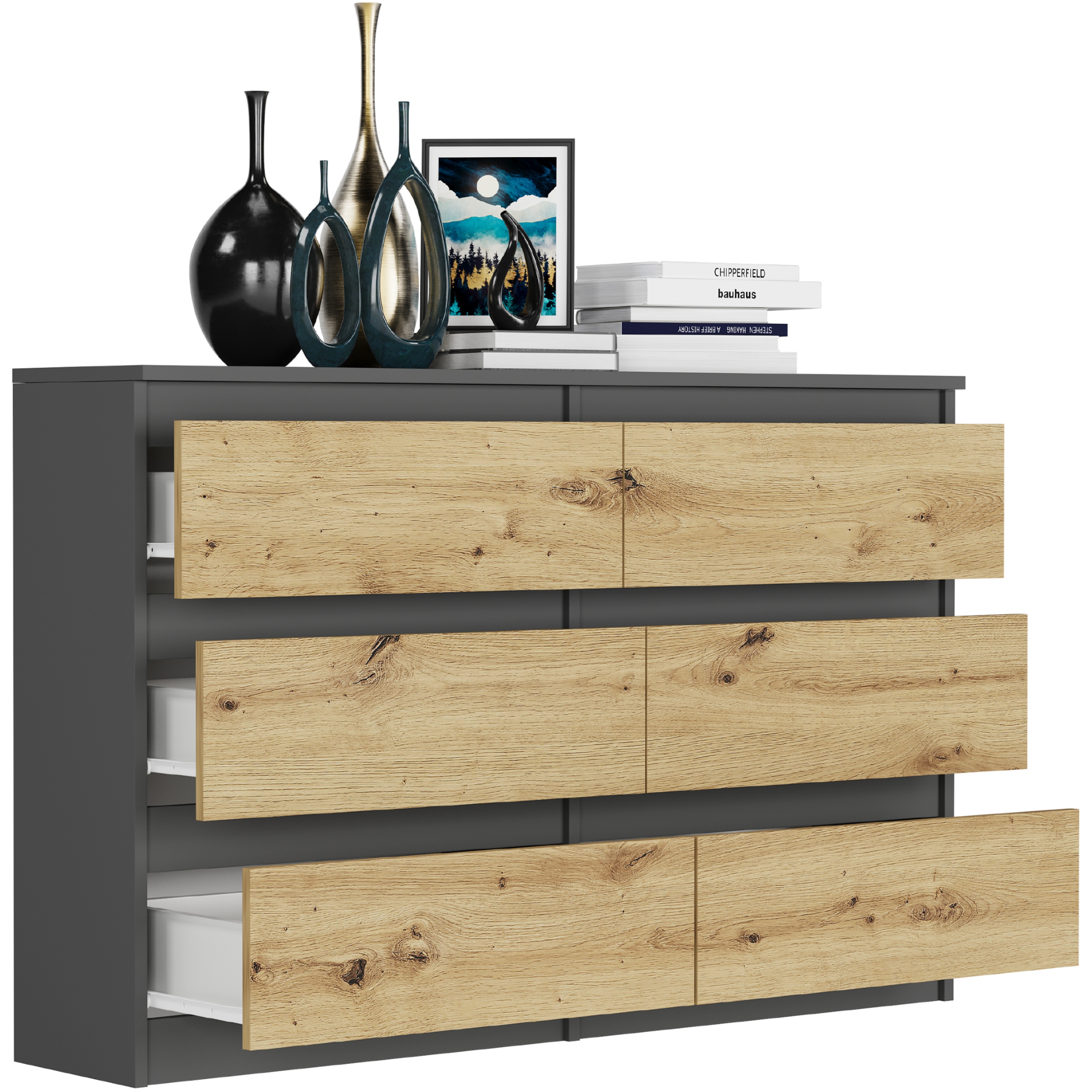 KOMODA 120CM SZAFKA 6 SZUFLAD R-120 ANTRACYT MIX ARTISAN