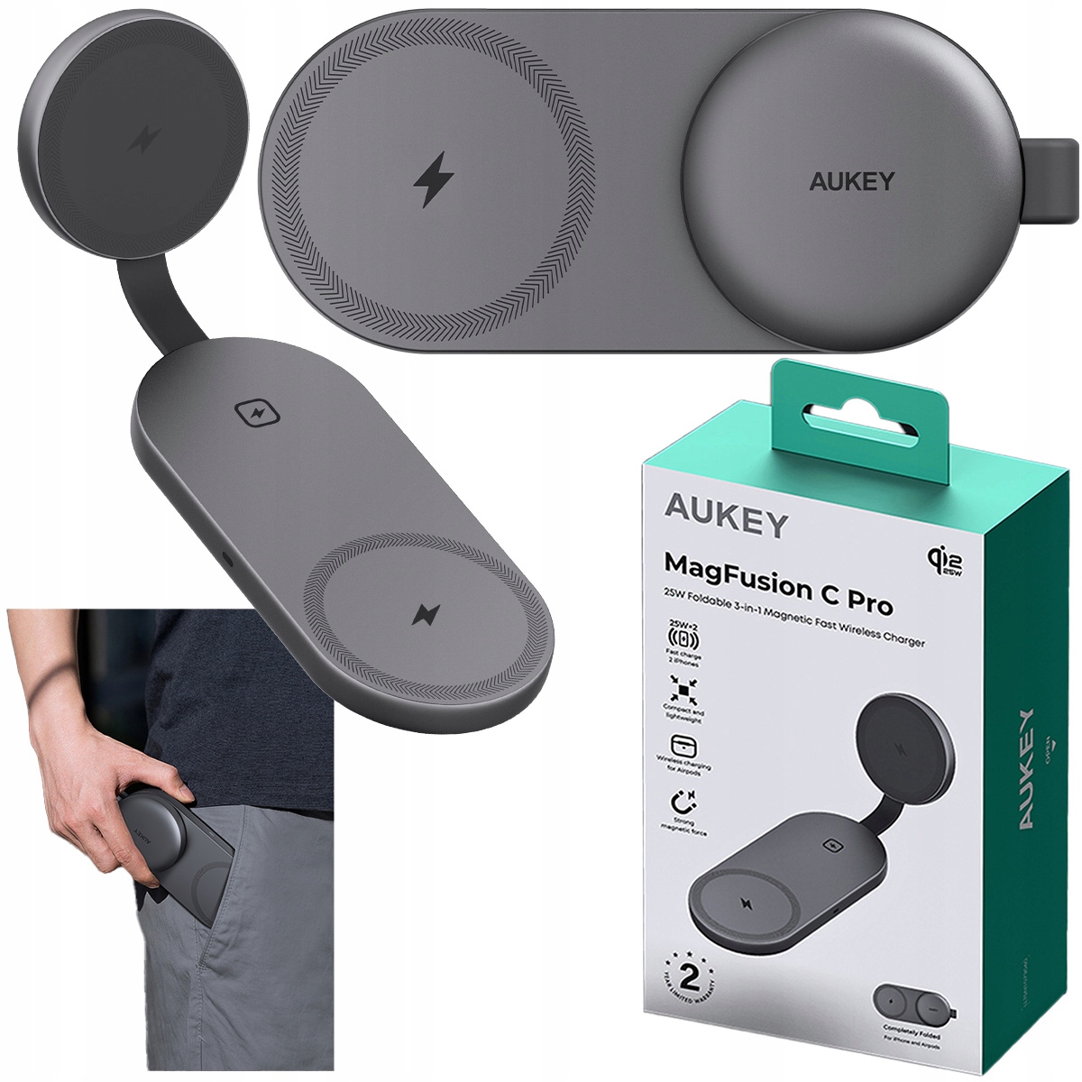 Magnetická bezdrátová nabíječka Qi2.2 3v1 Aukey MagFusion C Pro 25W