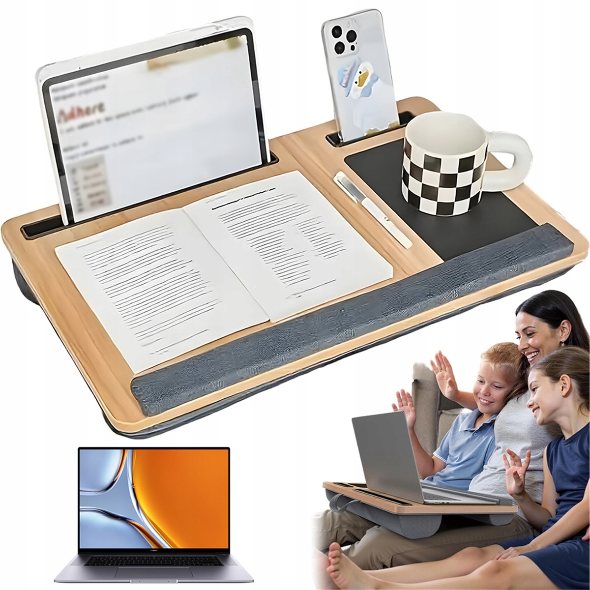 Dřevěný přenosný stolek z ořechu se 2 sloty pro kolej a kancelář