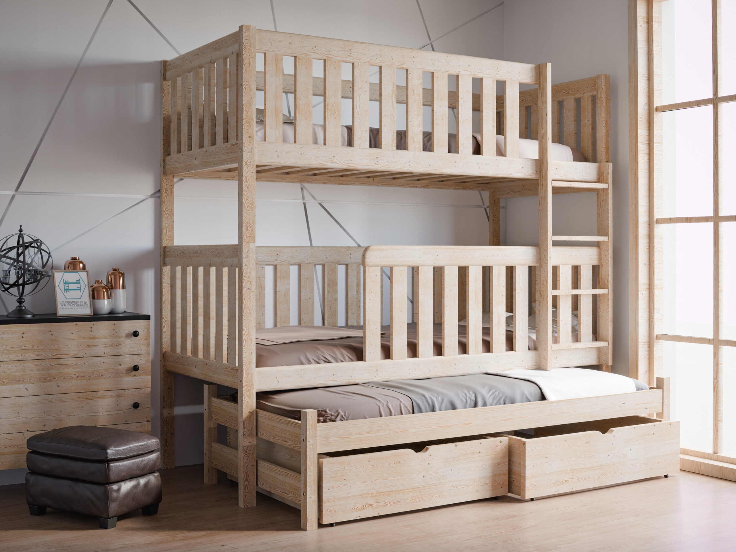 Łóżko piętrowe 3 osobowe ROBERT 80/90x180/190/200