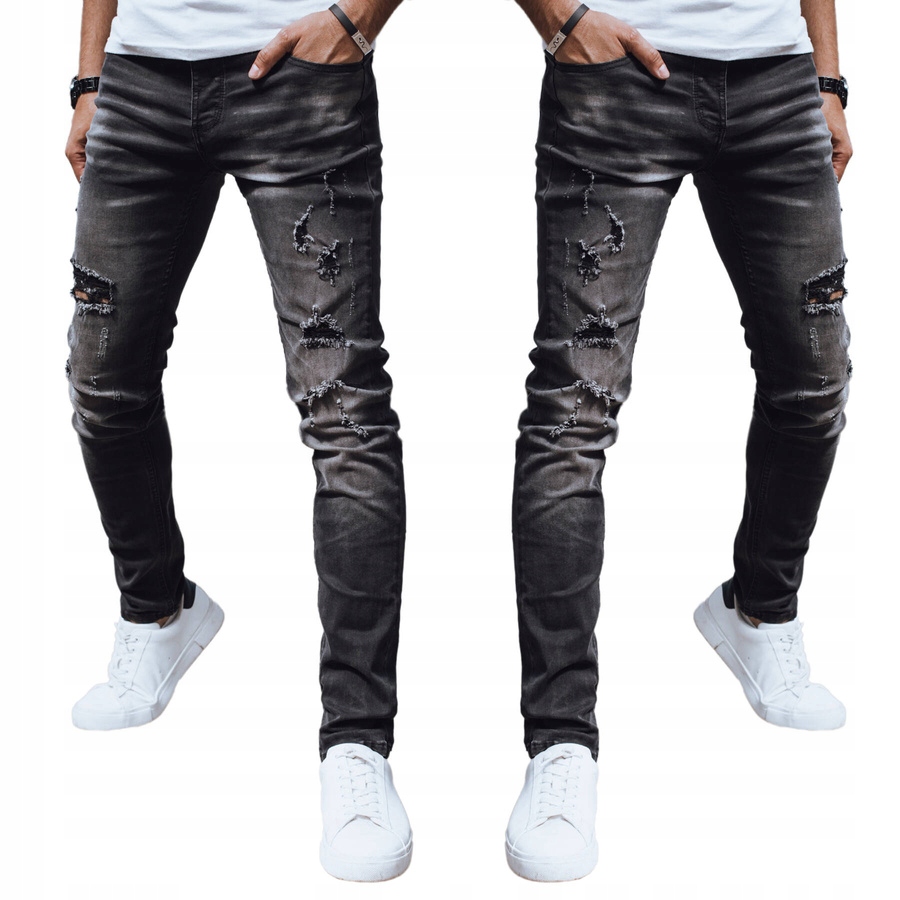 Męskie Spodnie Jeansowe Dziury Przetarcia Czarne ux4247 29