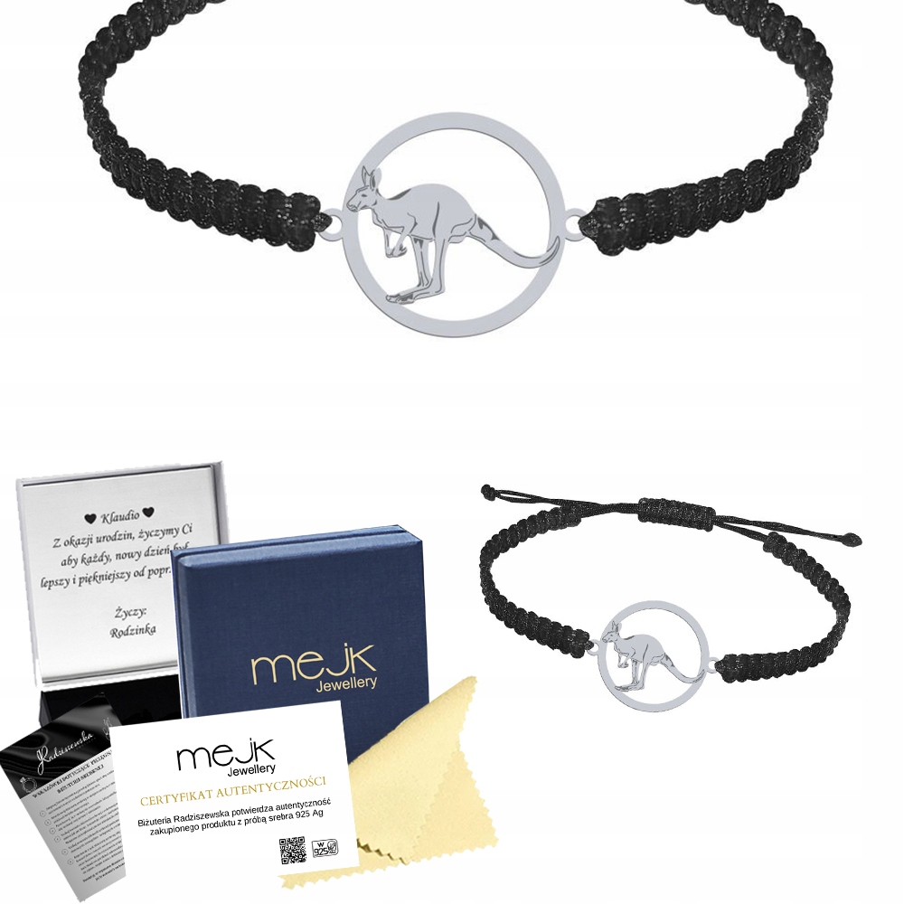 Stříbrný náramek Kangur 925 Makramé Dárek pro předškolačku Gravírování