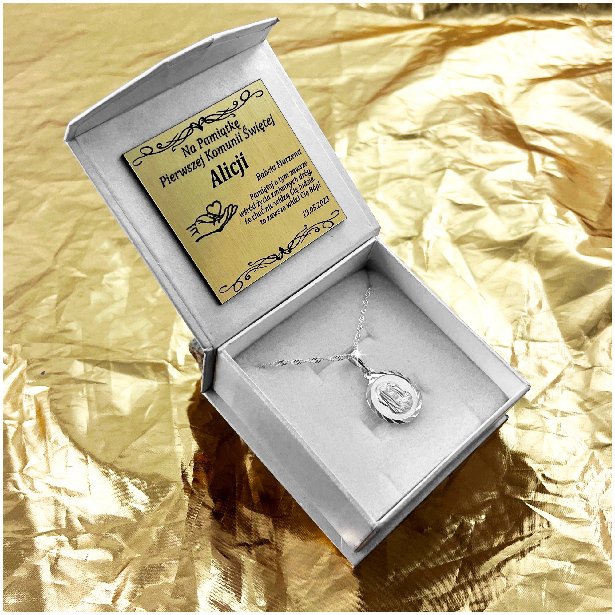 SREBRNY ŁAŃCUSZEK SINGAPUR + MEDALIK PASYJKA 925 MATKA BOSKA MADONNA GRAWER Kolekcja Na Komunię Komunijny Chrzest Grawer Zawieszka