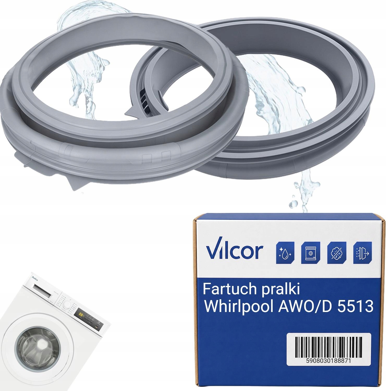 Fartuch Pralki Whirlpool Awo/d 5513 Elastyczny, Nowy Typ, Szary, Uszczelka