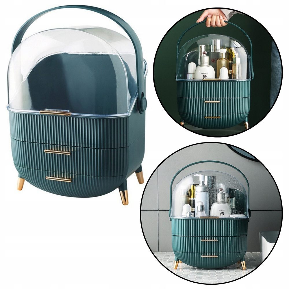 Organizér na kosmetiku, otevírací, průhledný, dvě zásuvky, zelený