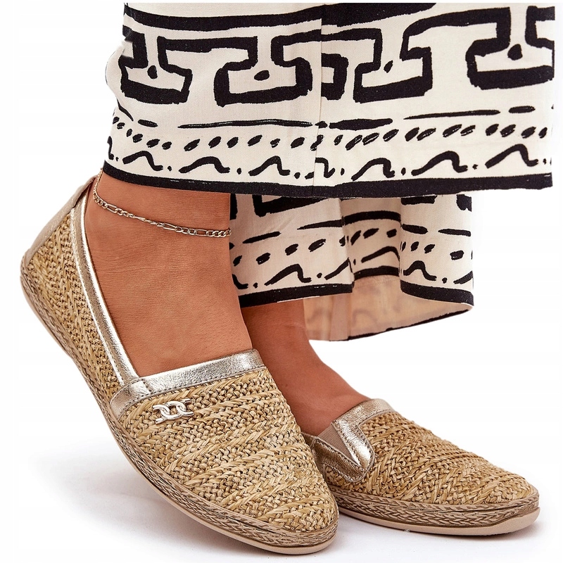 Elegantní Kožené Mokasíny S Pleteninou Pro Ženy, Béžovo-zlaté, Velikost 39