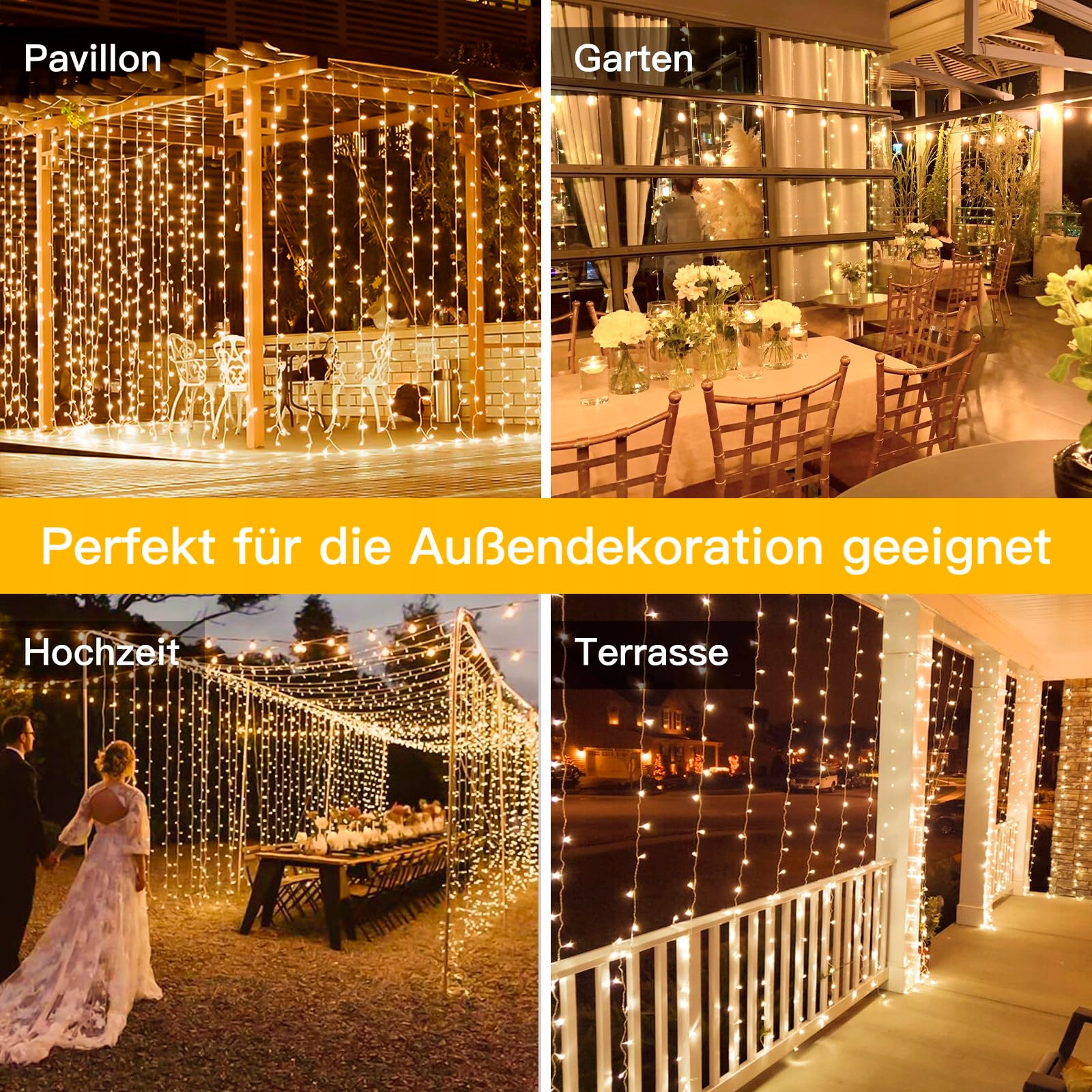 OLLNY Kurtyna LED 2x2m 200 LED Ciepłe Światło 8 Trybów Timer Dimmable — miniatura 6