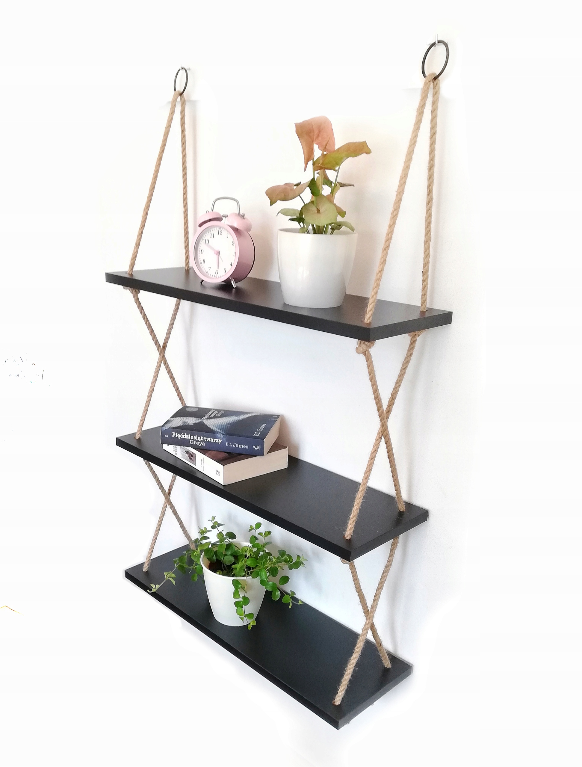 

Wiszące półki na sznurkach linach, 60x20 czarne