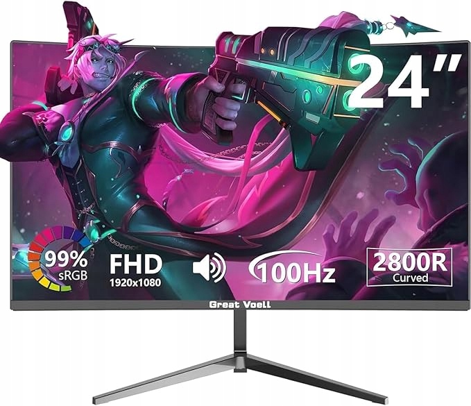 Monitor Zakrzywiony Great Voell 24" Fhd 100Hz 1ms Va Hdr FreeSync
