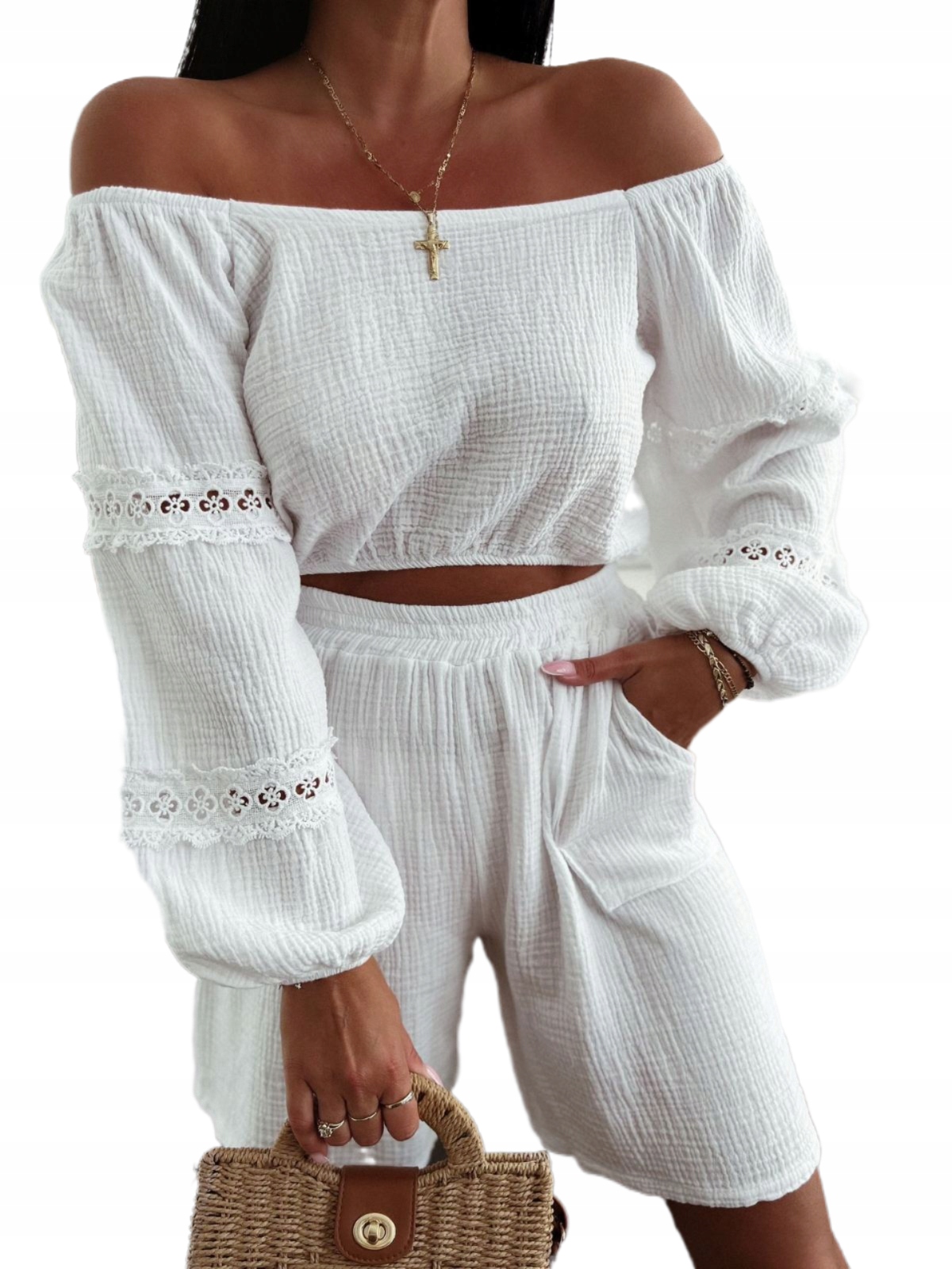 Italský Dámský Mušelínový Letní Komplet, Prodyšná Španělská Halenka Šortky