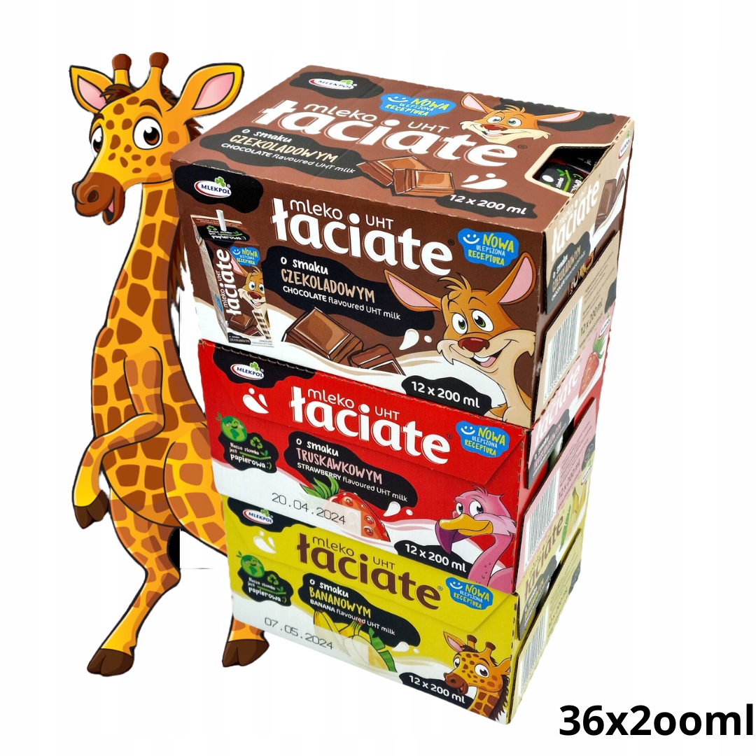 Łaciate Mleko Zestaw 36x200ml Uht Mix Smaków: Banan, Truskawka, Czekolada