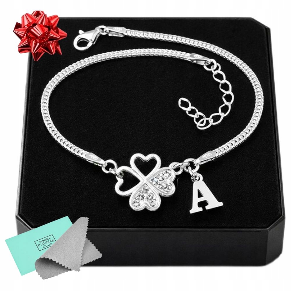 Bransoletka Srebrna Damska Koniczynka Z Cyrkoniami Litera Dzień Matki