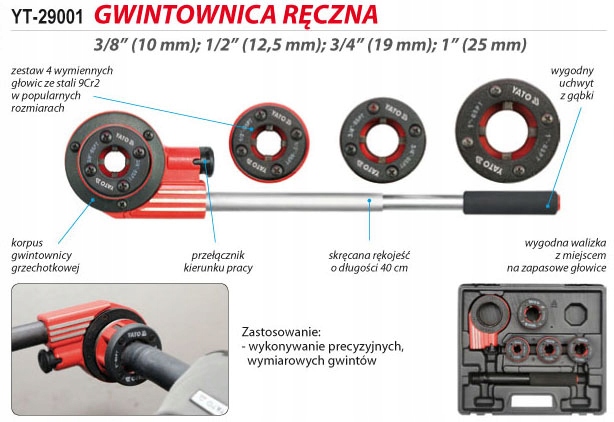 YATO GWINTOWNICA RĘCZNA Z SYSTEMEM GRZECHOTKOWYM DO RUR 4 GŁOWICE YT-29001 Rozmiary głowic 1/2