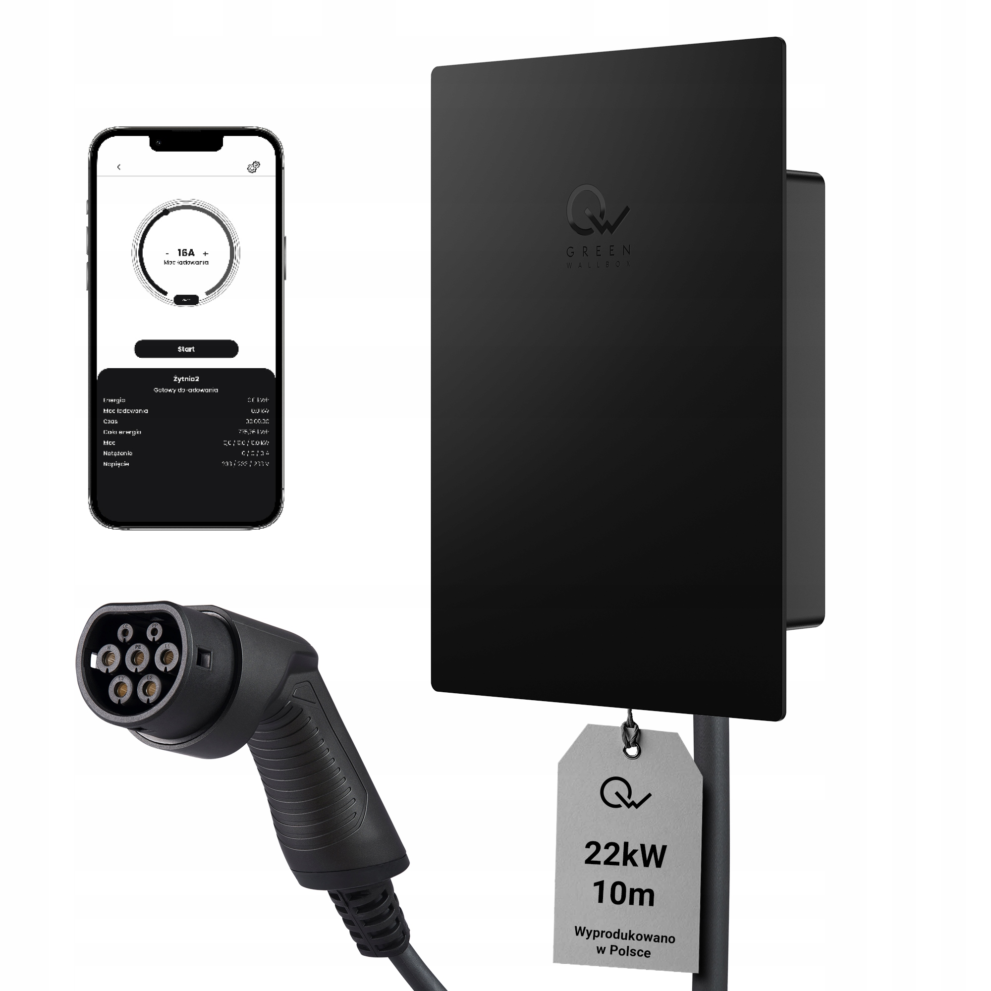 Green Wallbox 2 Pro Slim 22kW z kablem Type 2 10m WiFi APP Harmonogram