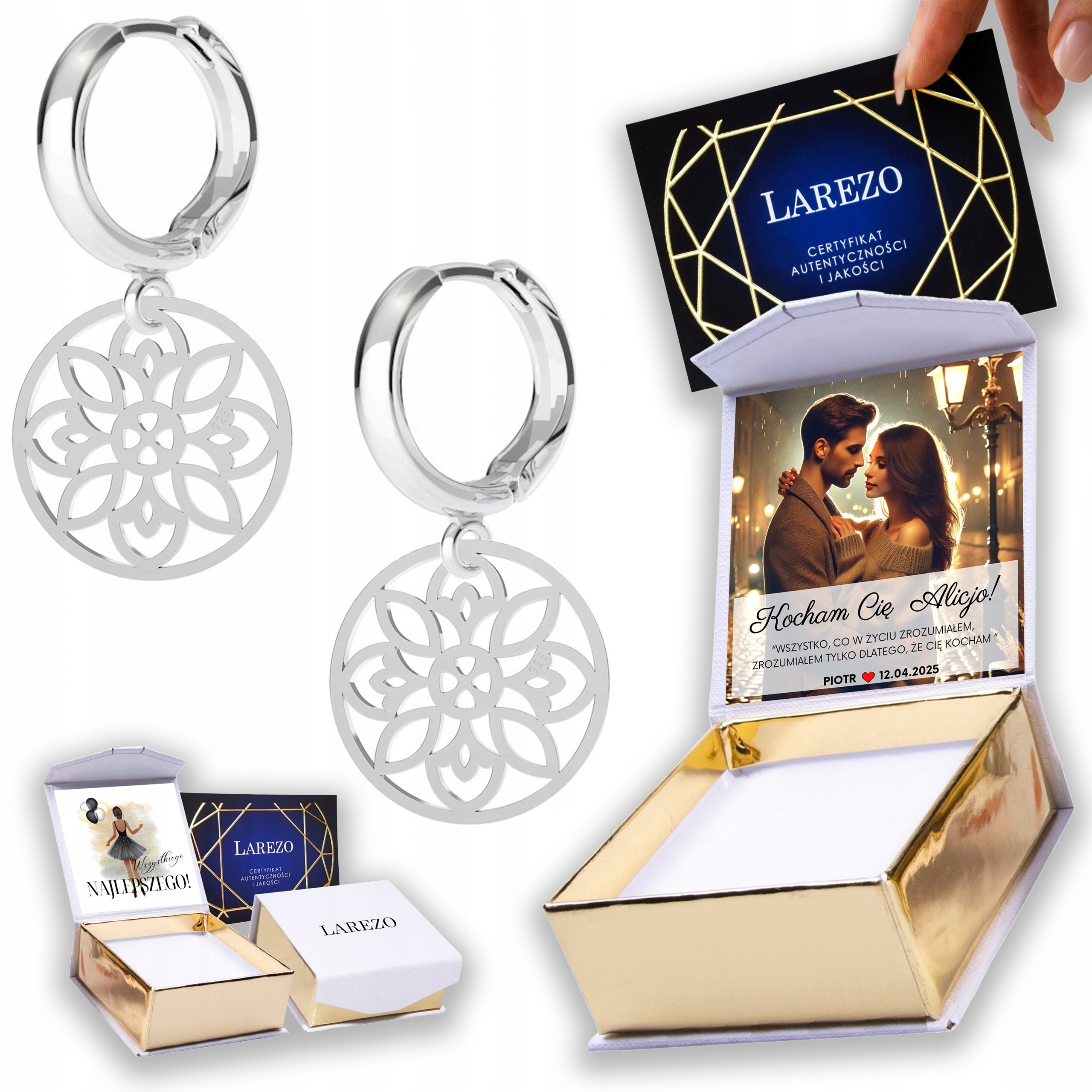 Stříbrné Náušnice 925 Ažurový květ plechu s květinou a potiskem květin