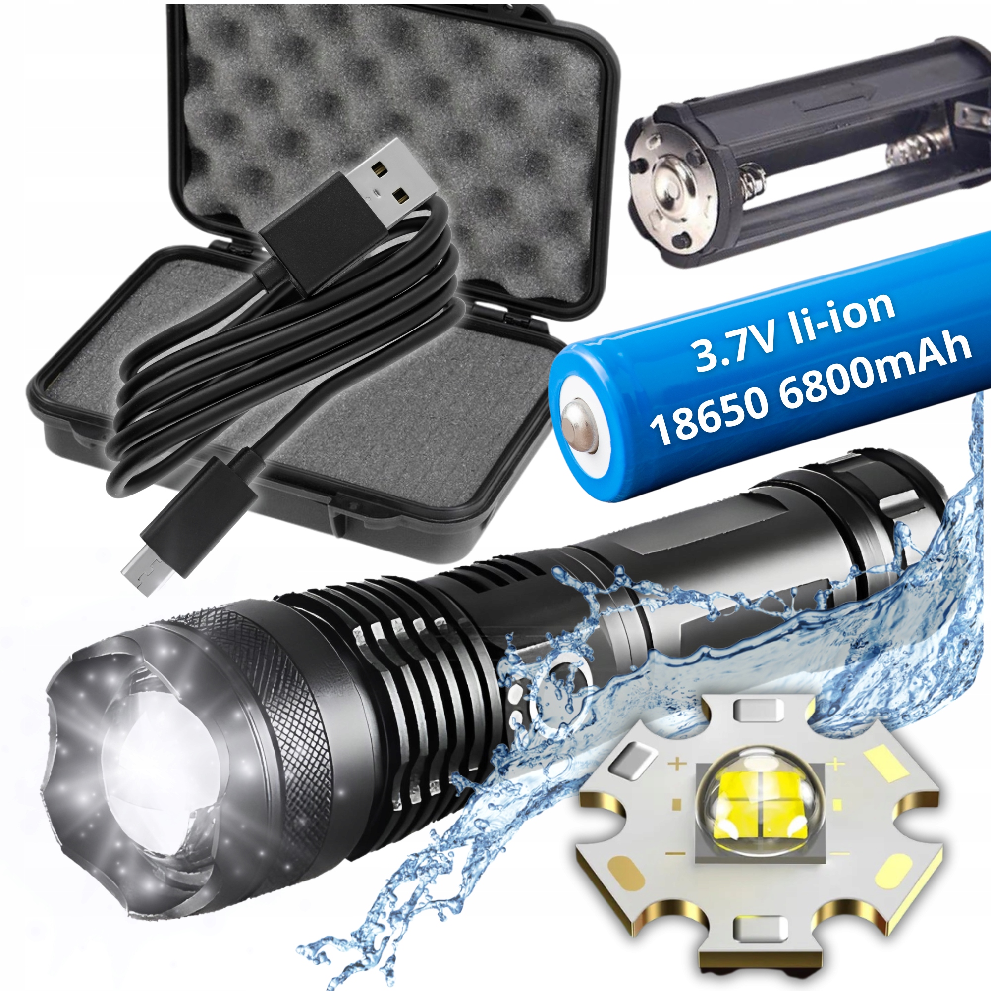 Latarka Taktyczna Led XHP90 Aluminiowa 5000 lm Typ C Ipx 8 Szperacz Mocna