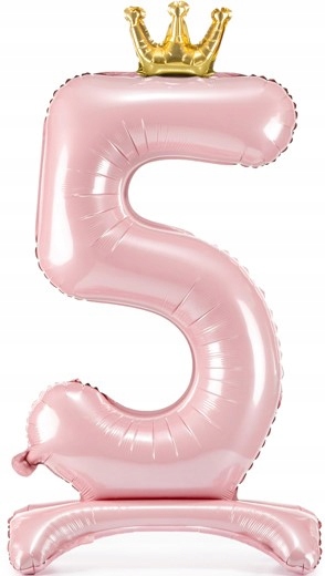 BALON FOLIOWY STOJĄCY CYFRA 5 JASNORÓŻOWY Z KORONĄ NA URODZINY DUŻY 84CM XL