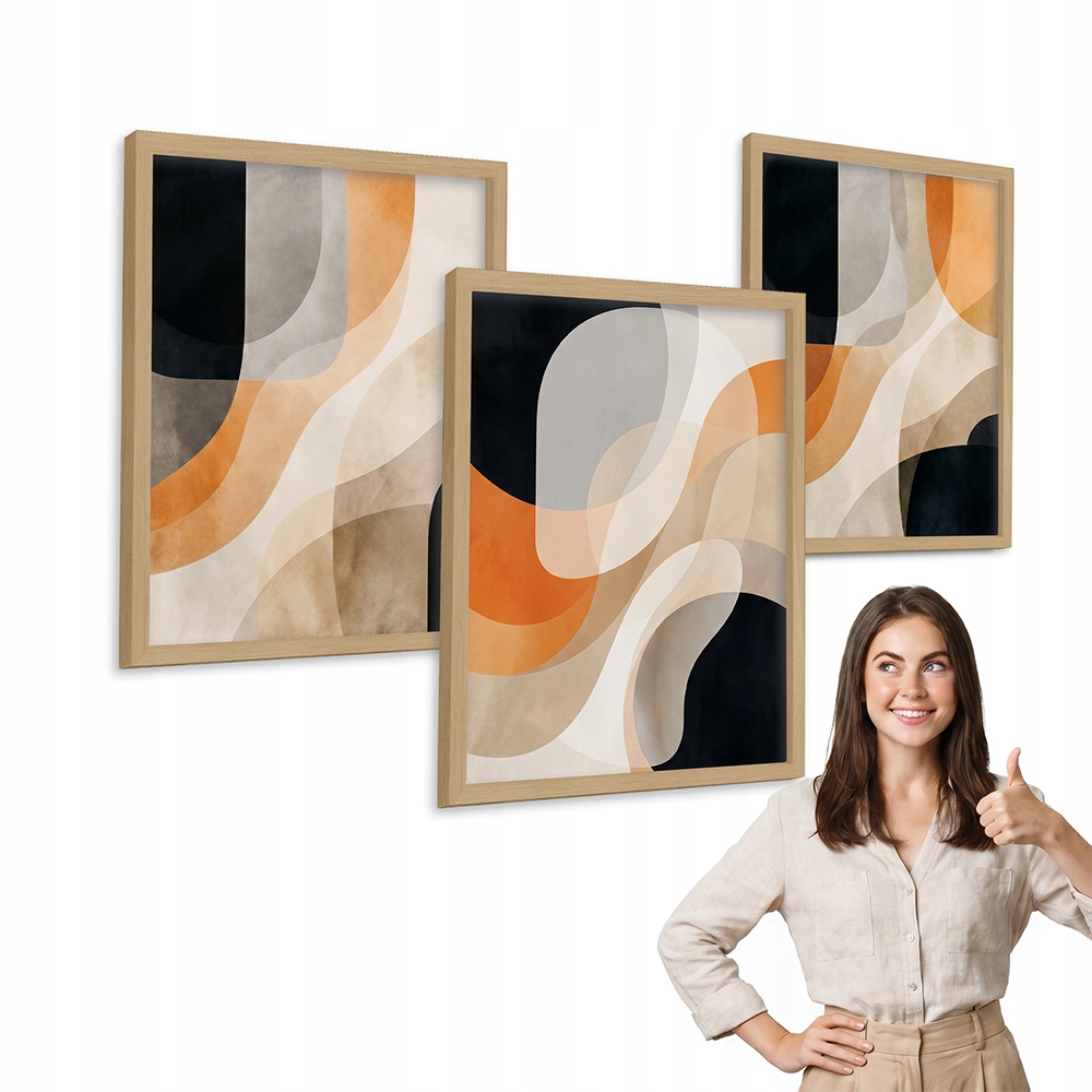 Sada 3 obrazů Oranžový Abstraktní Vzor dřevěný rámeček 40x50