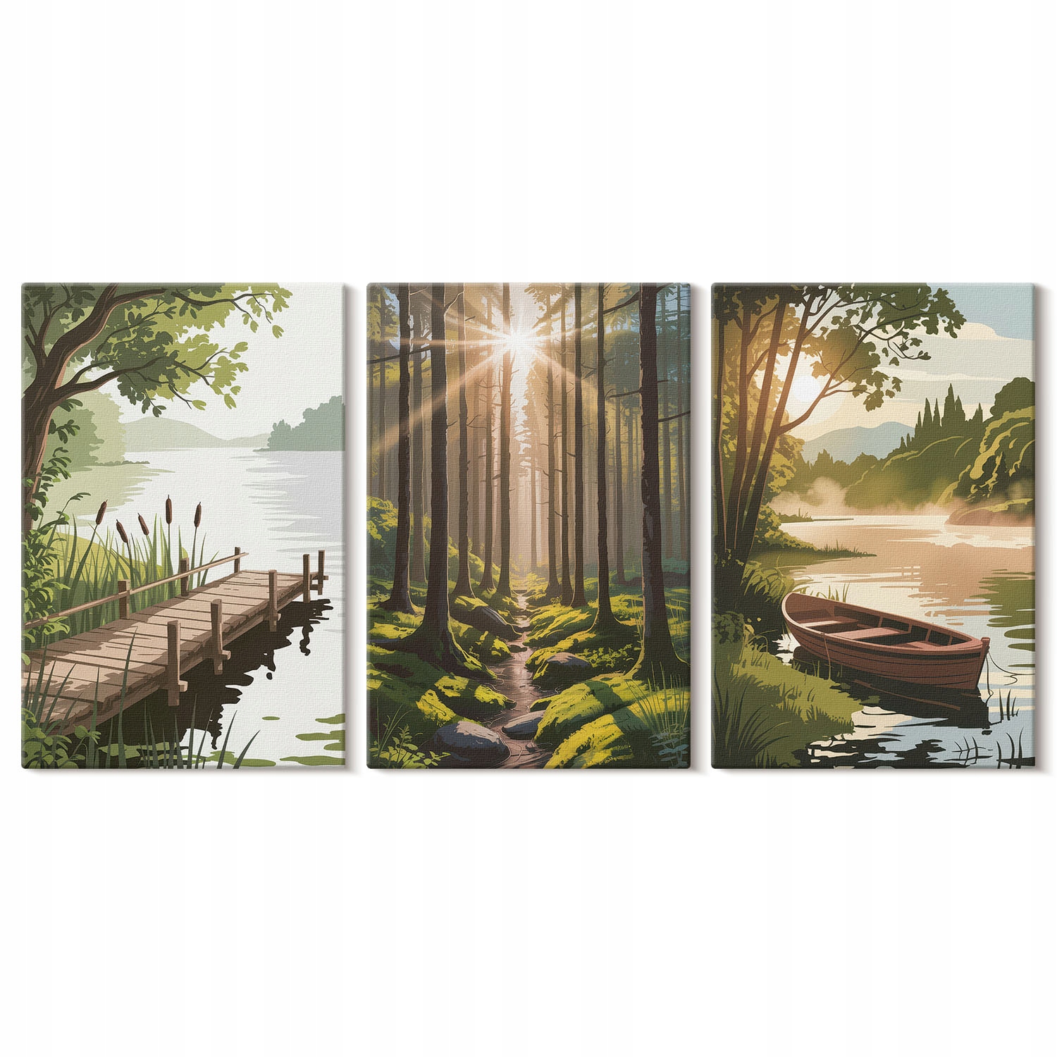 Kolekce obrazů na zeď Komplet Krajina lesa Jezera Loďka 3x 20x30 cm