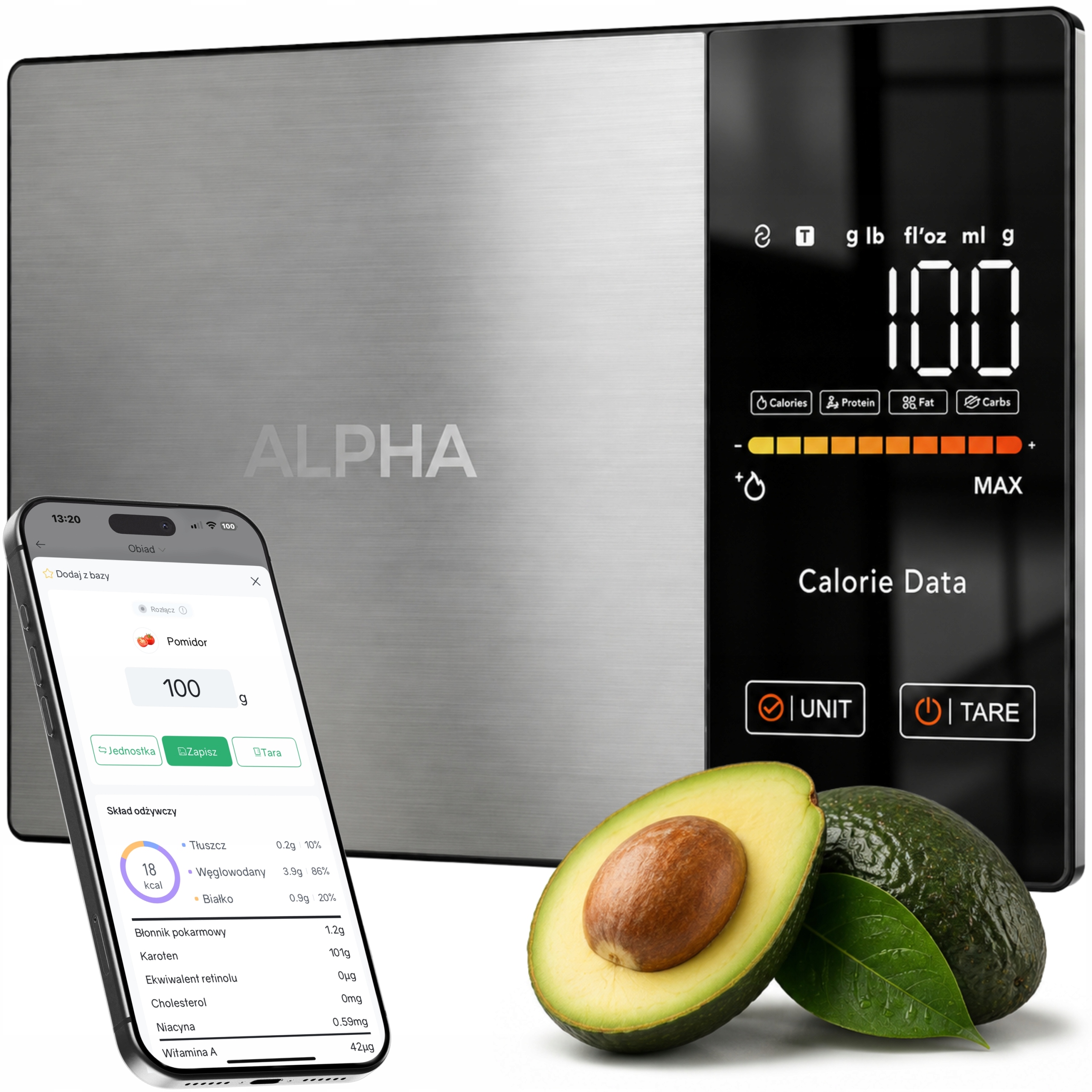 Waga Kuchenna Elektroniczna Alpha Aplikacja po Polsku Analityczna Kcal