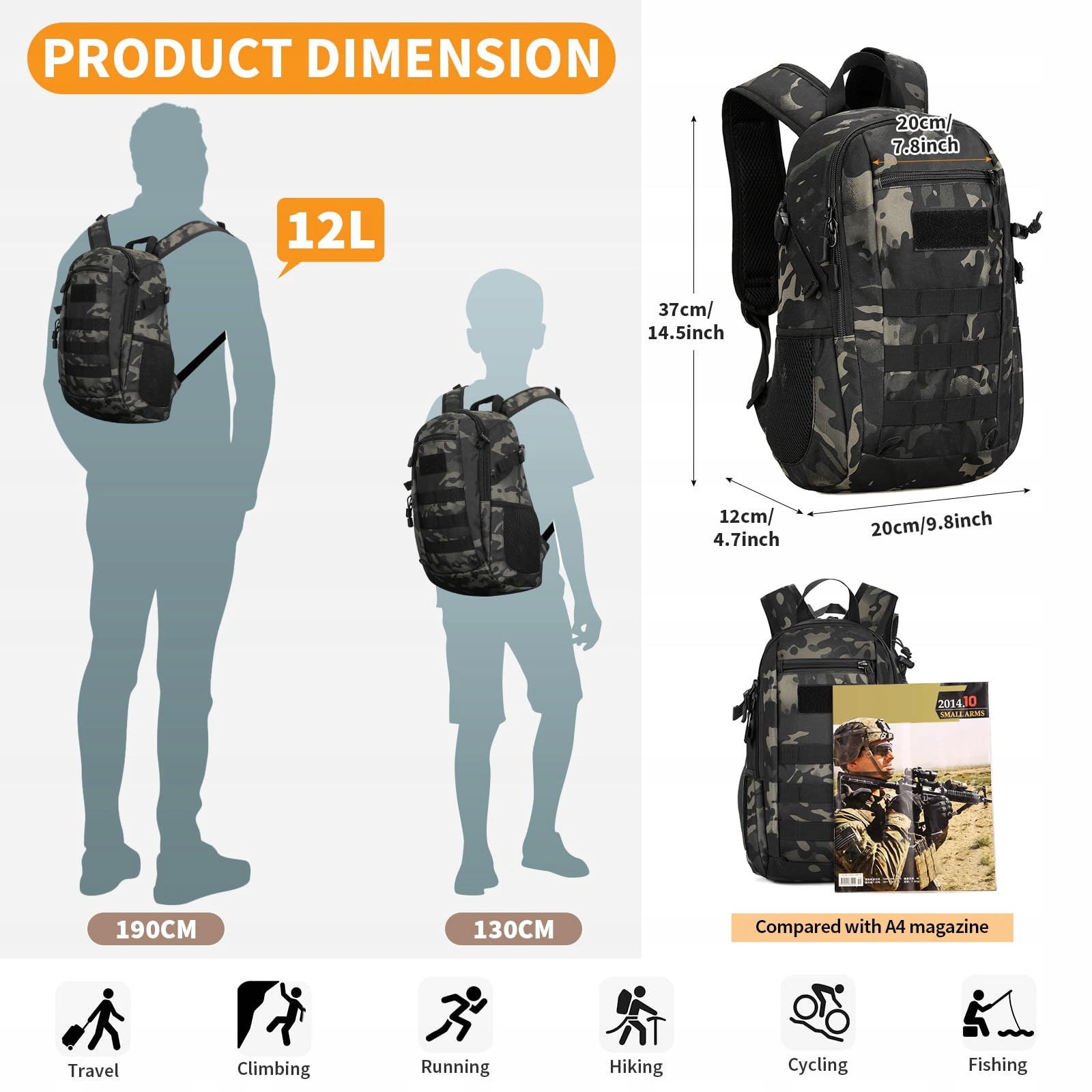 HUNTVP Plecak Taktyczny 12L Wodoodporny Molle Outdoor Wojskowy — miniatura 2