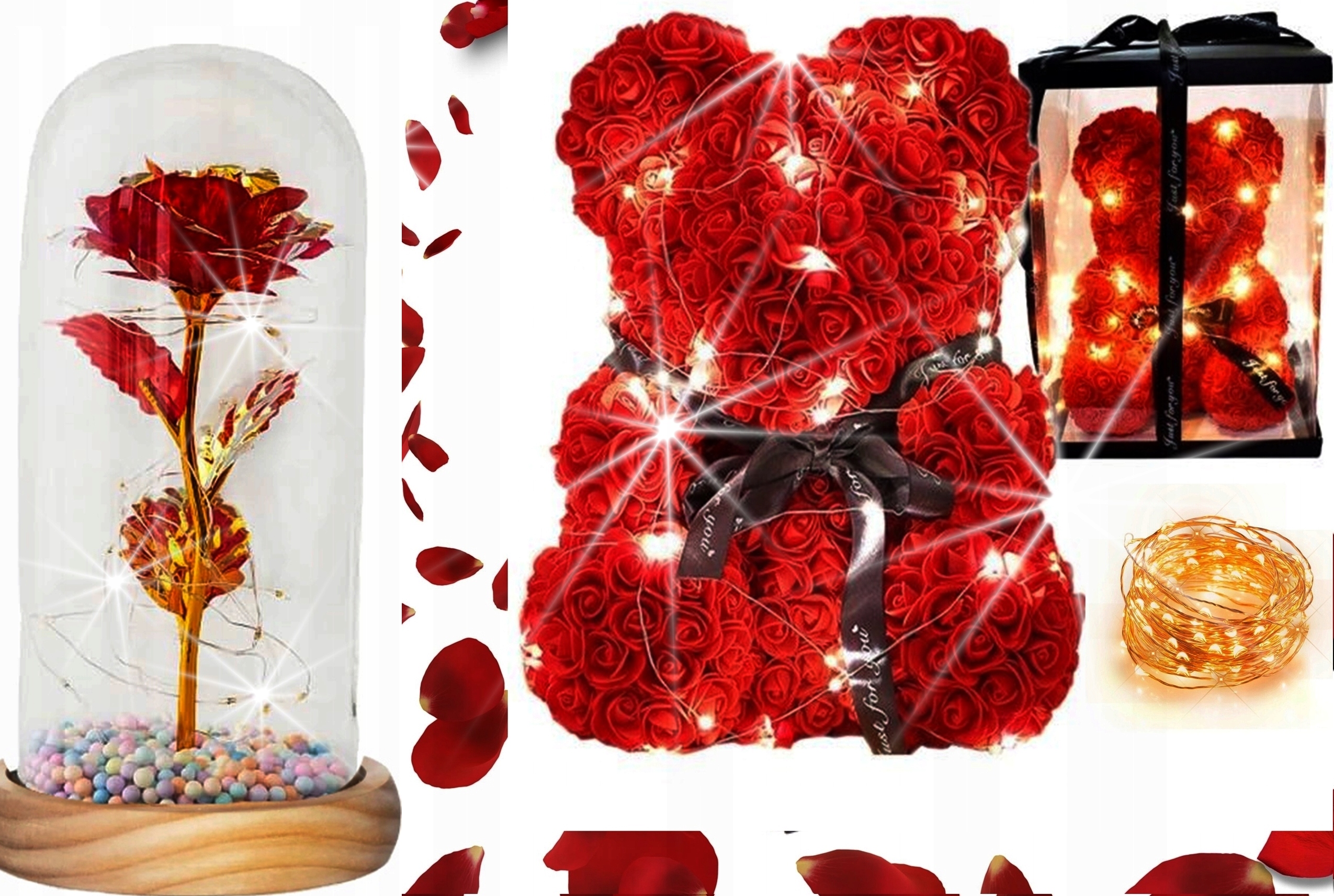 DUŻY MIŚ Z RÓŻ+WIECZNA RÓŻA W SZKLE ŚWIECI+ŚWIECZKA ZAPAC ZESTAW NA PREZENT Wysokość 30 cm