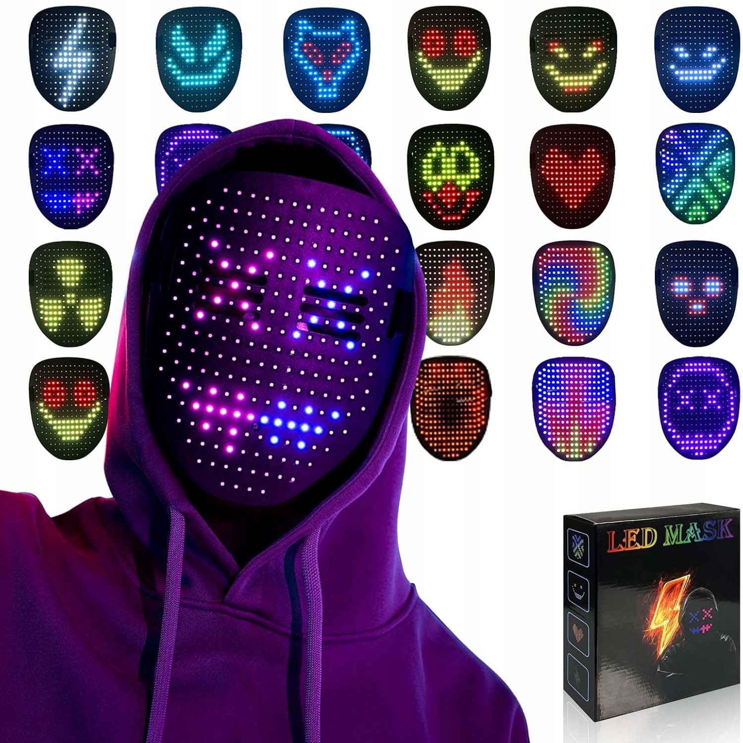 Led Maska Full Face, Svítící, Programovatelná Maska Ovládaná Aplikací Usb