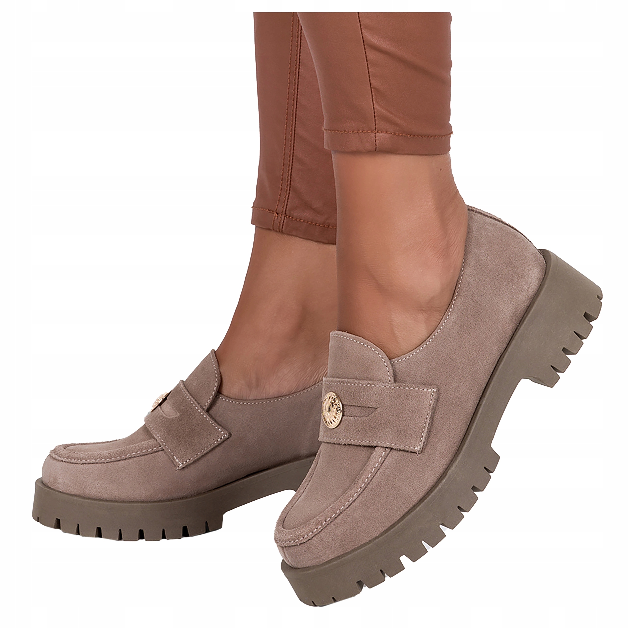 LEKKIE MOKASYNY PÓŁBUTY SKÓRZANE DAMSKIE NA PLATFORMIE ZE ZŁOTĄ OZDOBĄ r 41