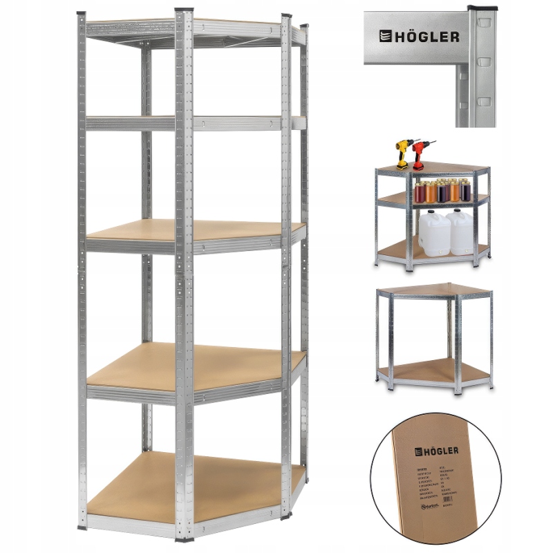 Kovový regál skladový Rohový garážový 5 Polic 180×70×40 cm 875 kg Högler
