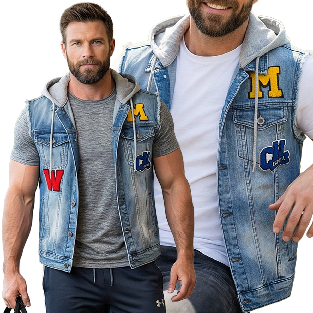 Džínová Vesta Odnímatelná Kapuce Elastický materiál Přetíratelné nášivky