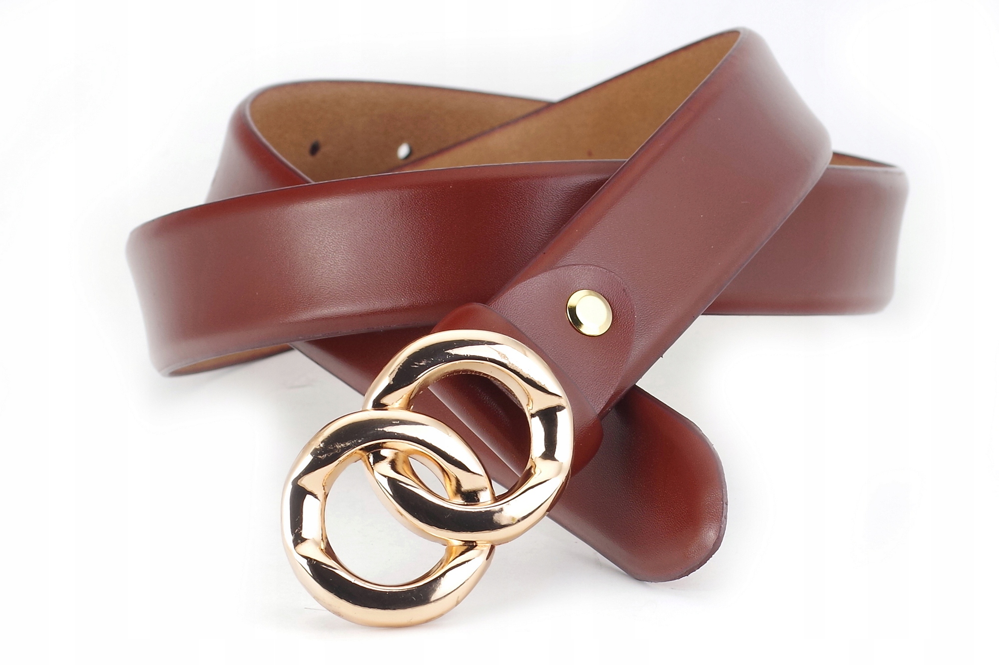 DAMSKI PASEK SKÓRZANY BRĄZ Złota Klamra roz.105 Marka inna