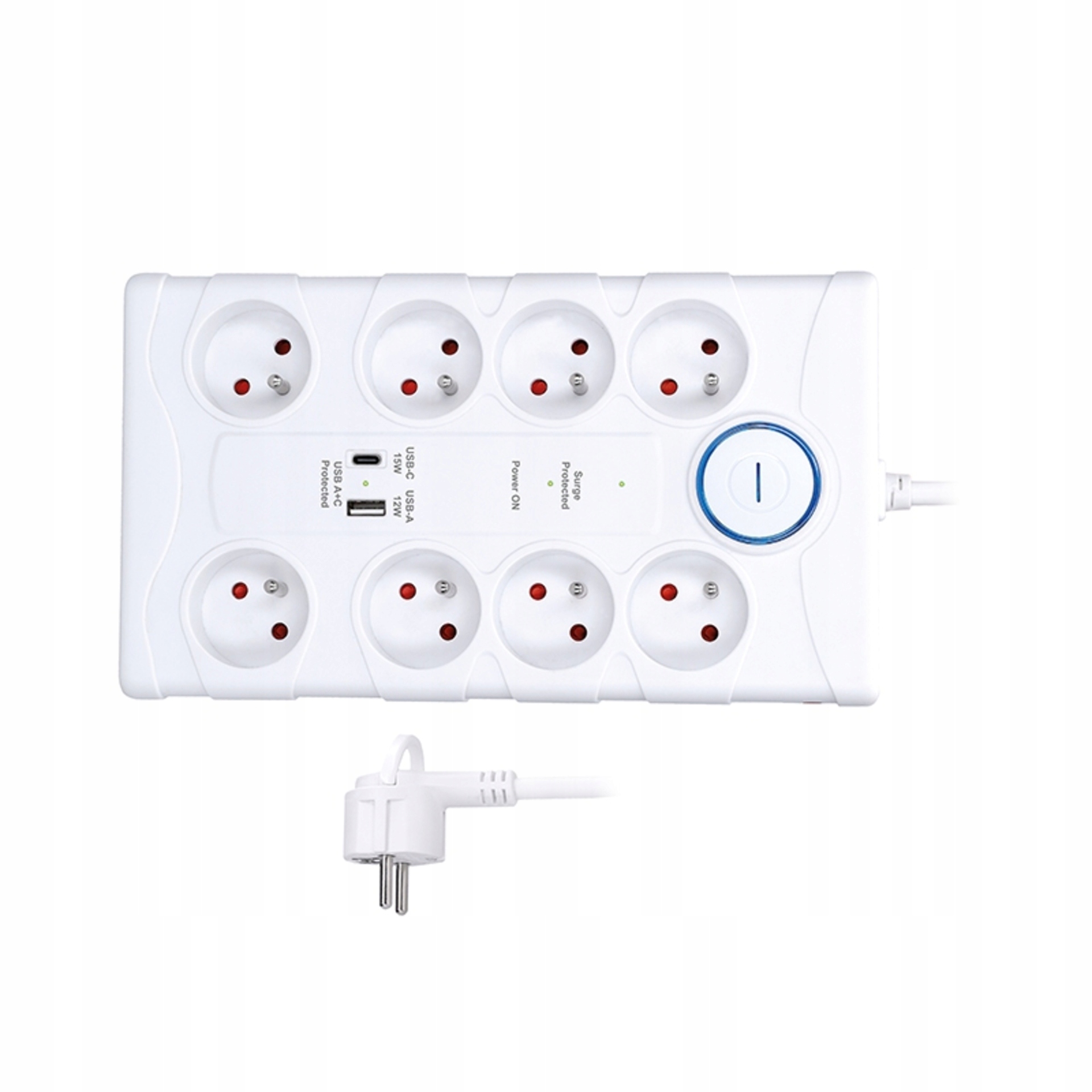 Přepěťová ochrana Solight PO80, 8 zásuvek, Usb A+c, 2m, bílá